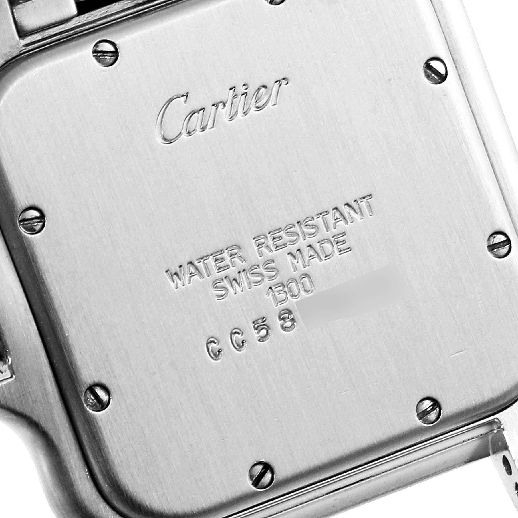 This is a close-up of the back case of the Panthere model watch by Cartier, showing the brand engraving and water resistance information.