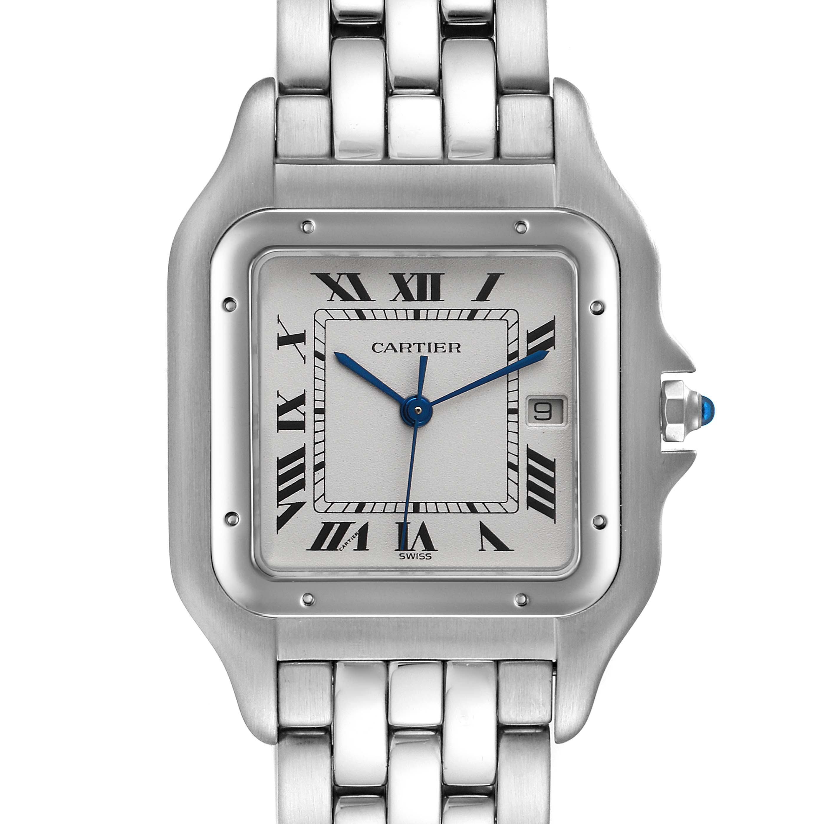 This image shows the front view of a Cartier Panthere W25032P5 Men
s Stainless Steel Silver Dial W25032P5 Men
s Stainless Steel Silver Dial watch, highlighting the dial, bracelet, and part of the crown.