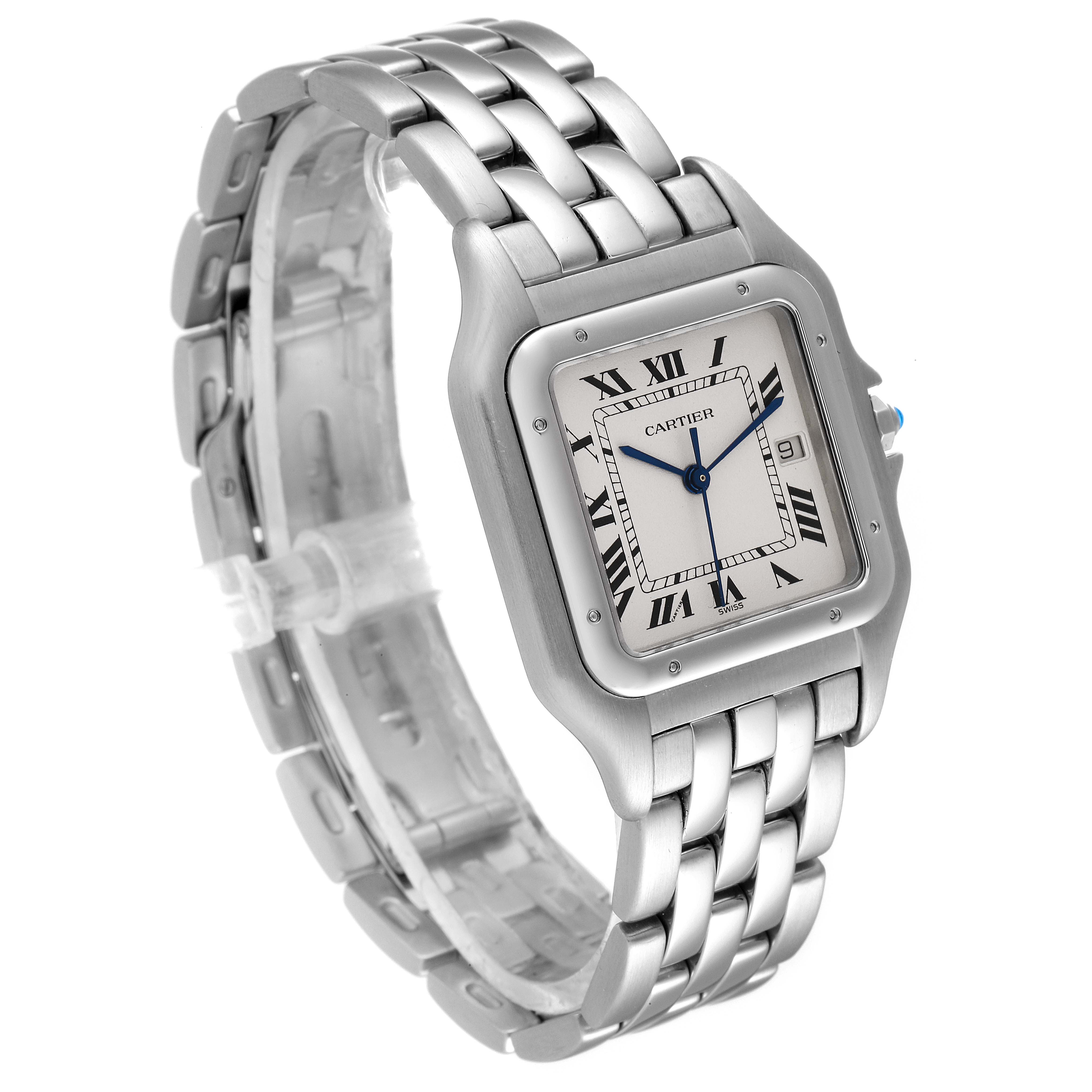 The image shows a Cartier Panthere W25032P5 Men
s Stainless Steel Silver Dial W25032P5 Men
s Stainless Steel Silver Dial model watch at a three-quarter angle, displaying its face and metal band.