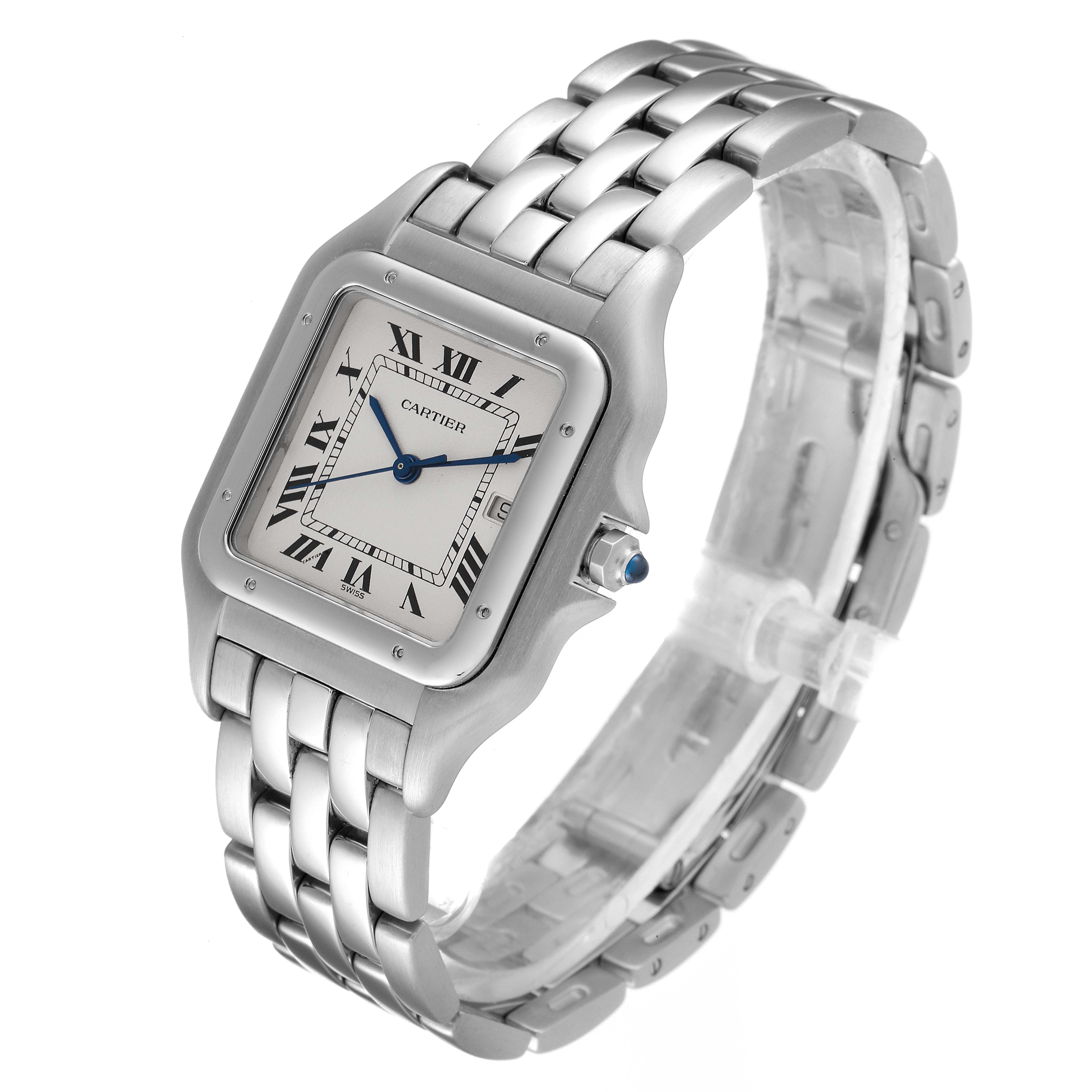 The Cartier Panthere W25032P5 Men
s Stainless Steel Silver Dial W25032P5 Men
s Stainless Steel Silver Dial watch is shown from an angled front view, displaying the face, bezel, and metal strap.