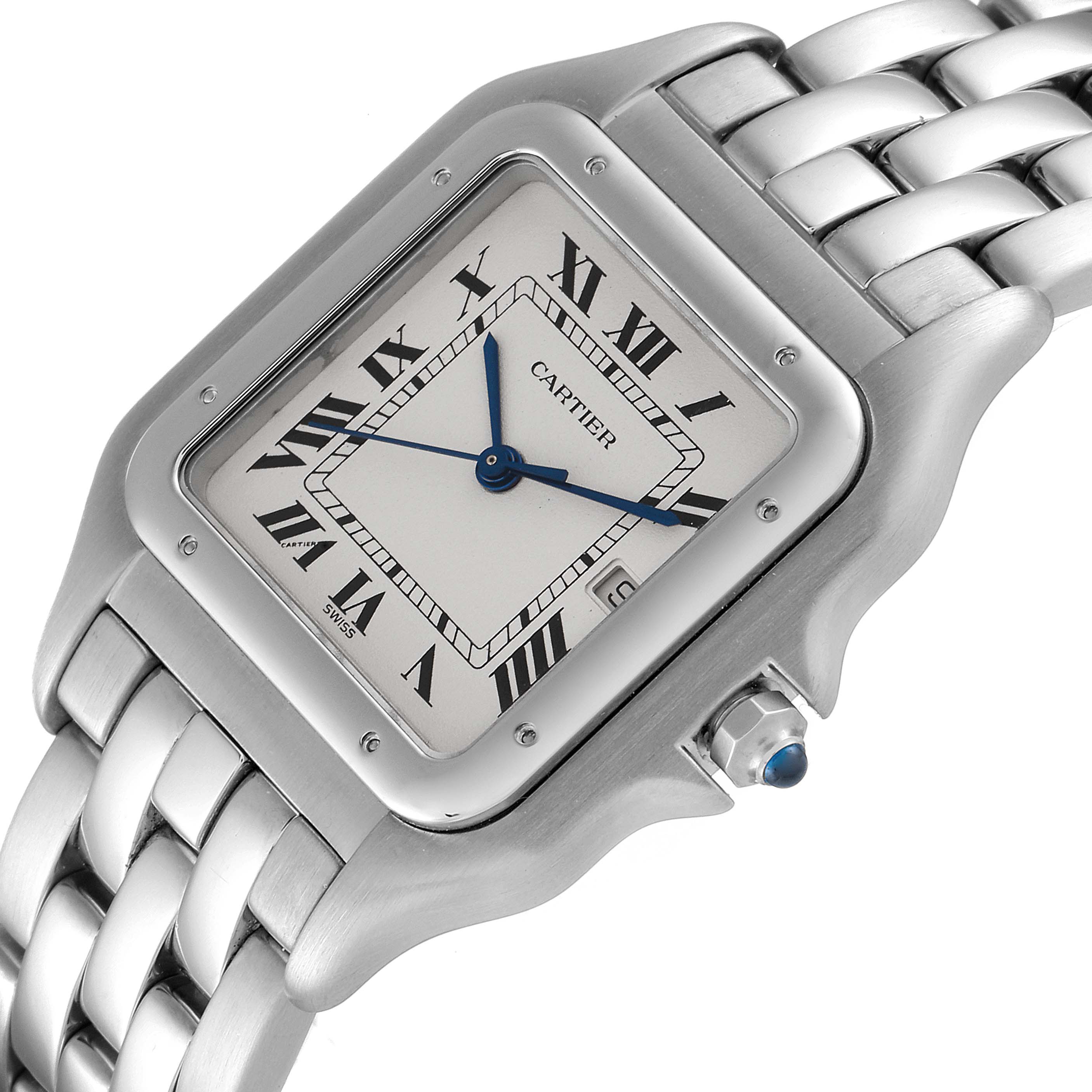 The image shows a close-up angled view of the face and part of the metal bracelet of the Cartier Panthere W25032P5 Men
s Stainless Steel Silver Dial W25032P5 Men
s Stainless Steel Silver Dial watch.