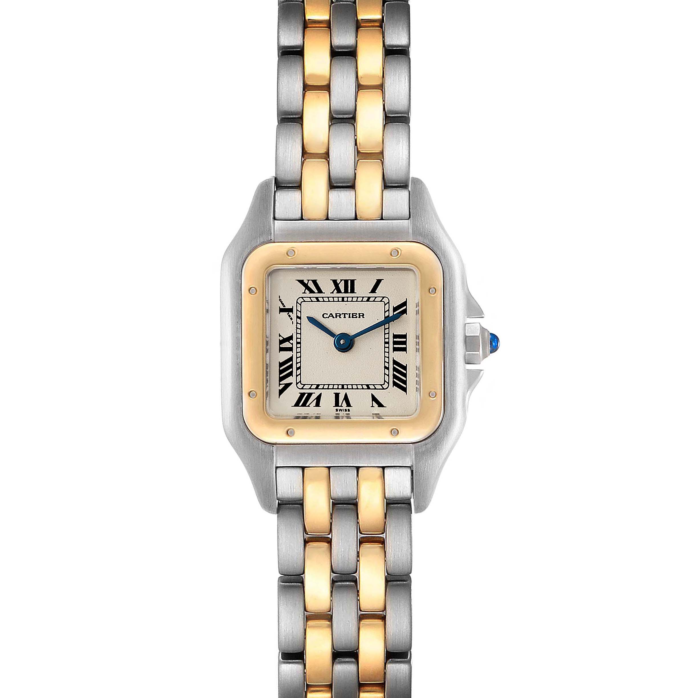 The image shows a front view of a Cartier Panthere W25029B6 Women
s Steel and Gold (two tone) Silver Dial W25029B6 Women
s Steel and Gold (two tone) Silver Dial watch, featuring its two-tone bracelet, square face, Roman numerals, and blue accent crown.