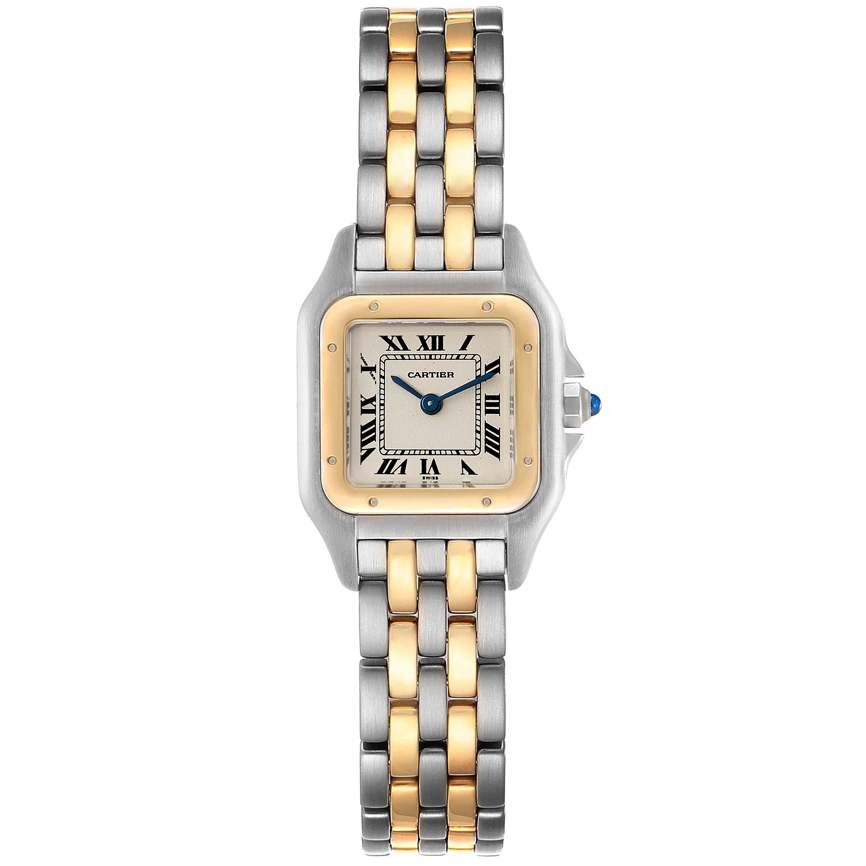 The image shows a front view of the Cartier Panthere W25029B6 Women
s Steel and Gold (two tone) Silver Dial W25029B6 Women
s Steel and Gold (two tone) Silver Dial model watch, highlighting the dial and two-tone metal bracelet.