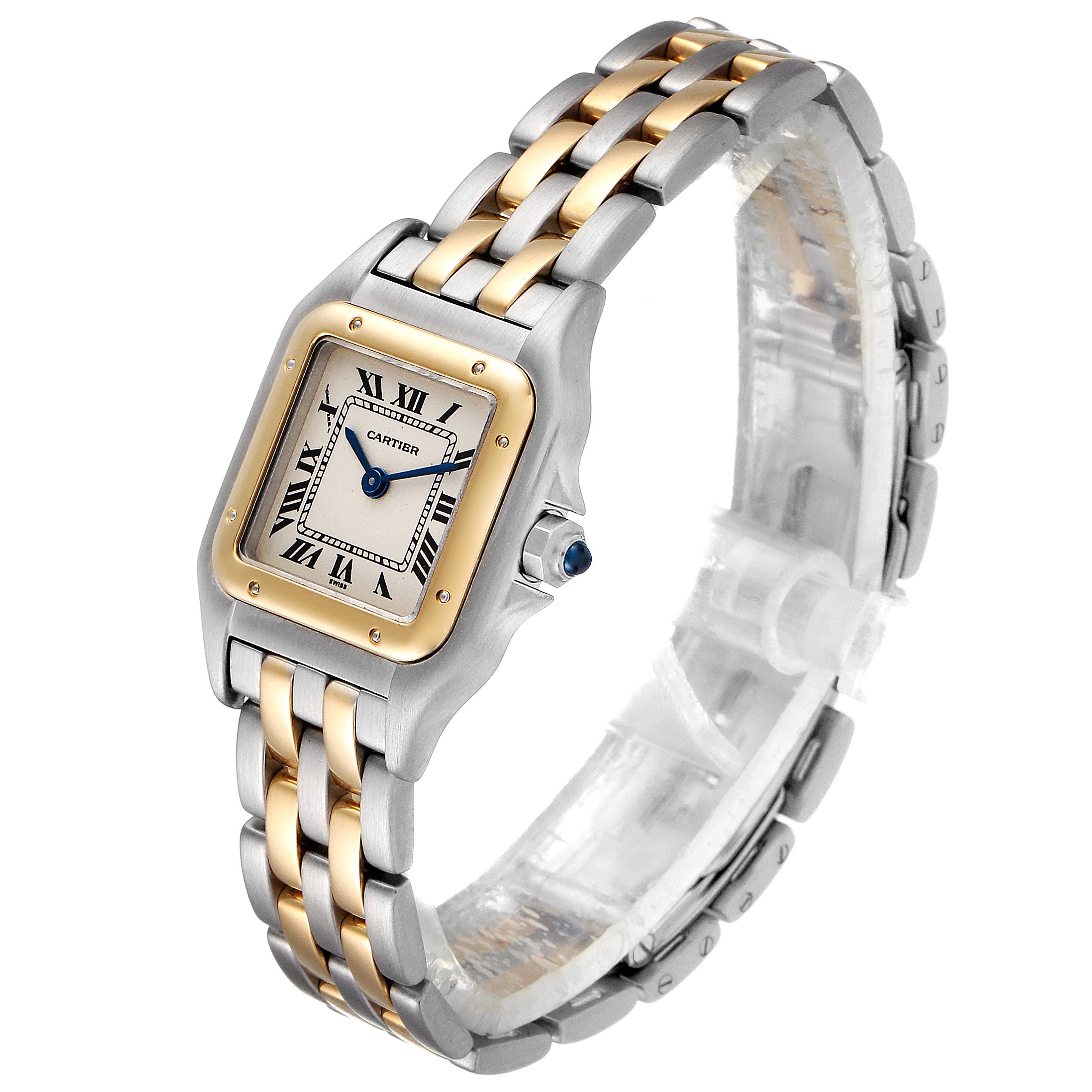 The image shows a Cartier Panthere W25029B6 Women
s Steel and Gold (two tone) Silver Dial W25029B6 Women
s Steel and Gold (two tone) Silver Dial model watch at a slight angle, displaying the face, bezel, and two-tone bracelet.