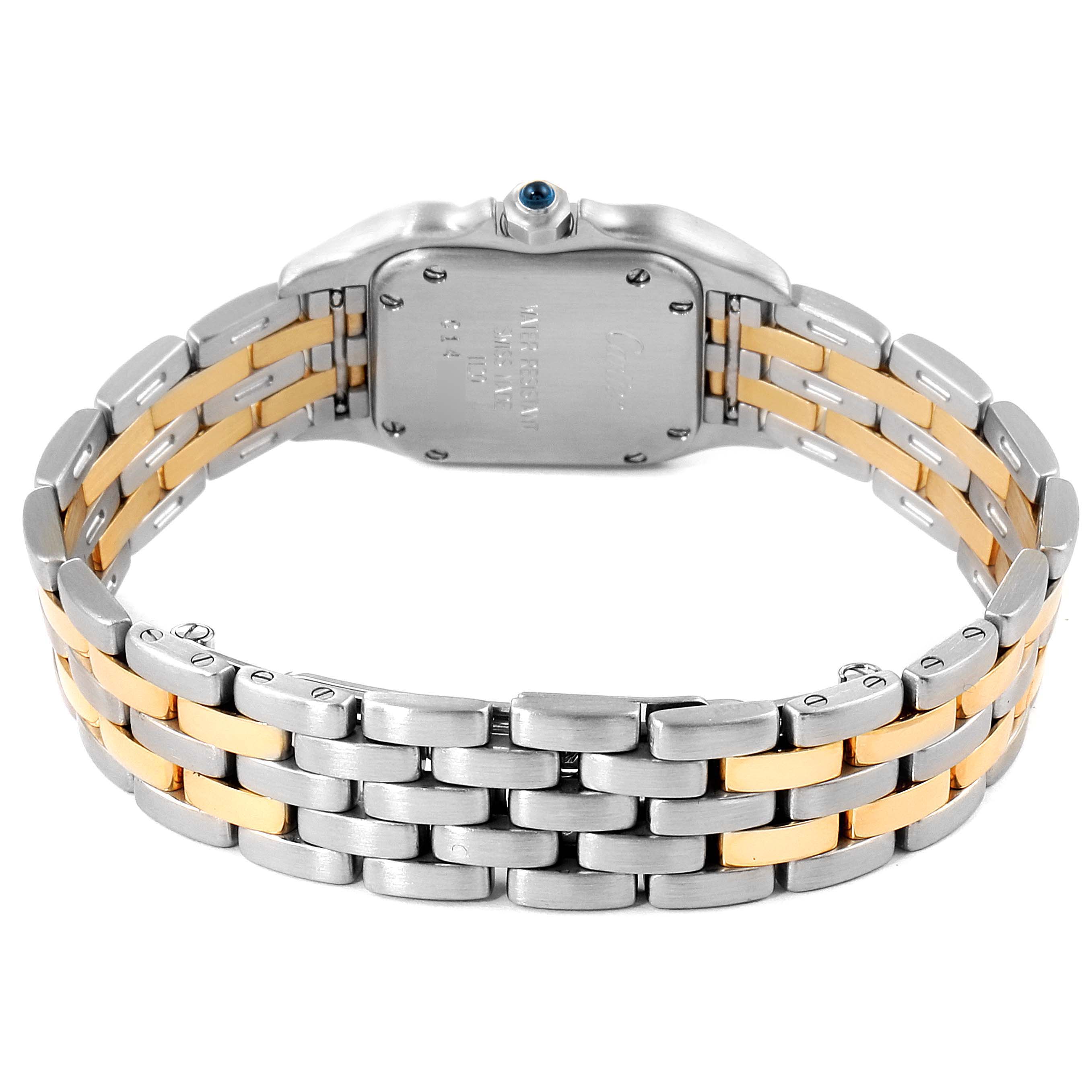 This image shows the back and bracelet of a Cartier Panthere W25029B6 Women
s Steel and Gold (two tone) Silver Dial W25029B6 Women
s Steel and Gold (two tone) Silver Dial watch, highlighting its two-tone metal design.