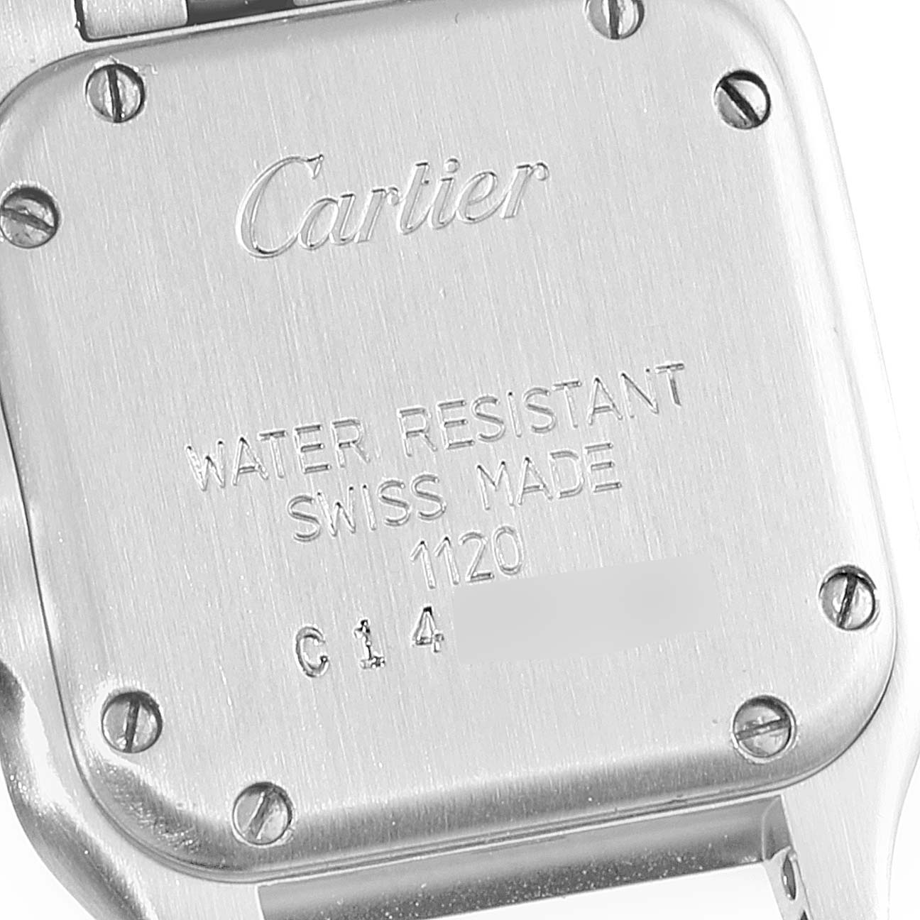 This image shows the back of a Cartier Panthere W25029B6 Women
s Steel and Gold (two tone) Silver Dial W25029B6 Women
s Steel and Gold (two tone) Silver Dial watch, capturing the engraved brand, model, and specifications.
