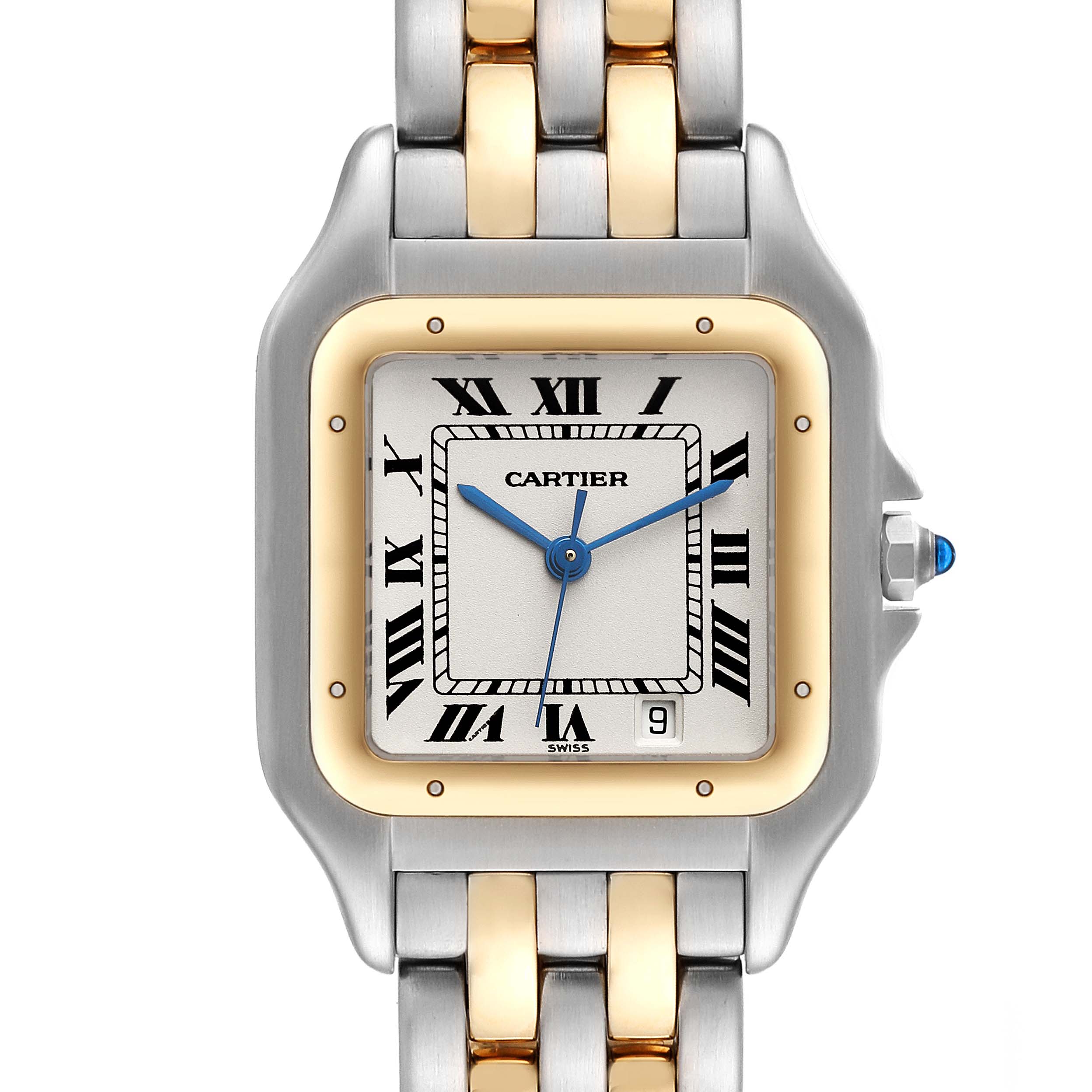 The image shows the front view of a Cartier Panthere W25028B8 Women's Steel and Gold (two tone) Silver Dial W25028B8 Women's Steel and Gold (two tone) Silver Dial model watch, displaying the dial, hands, bezel, and bracelet.