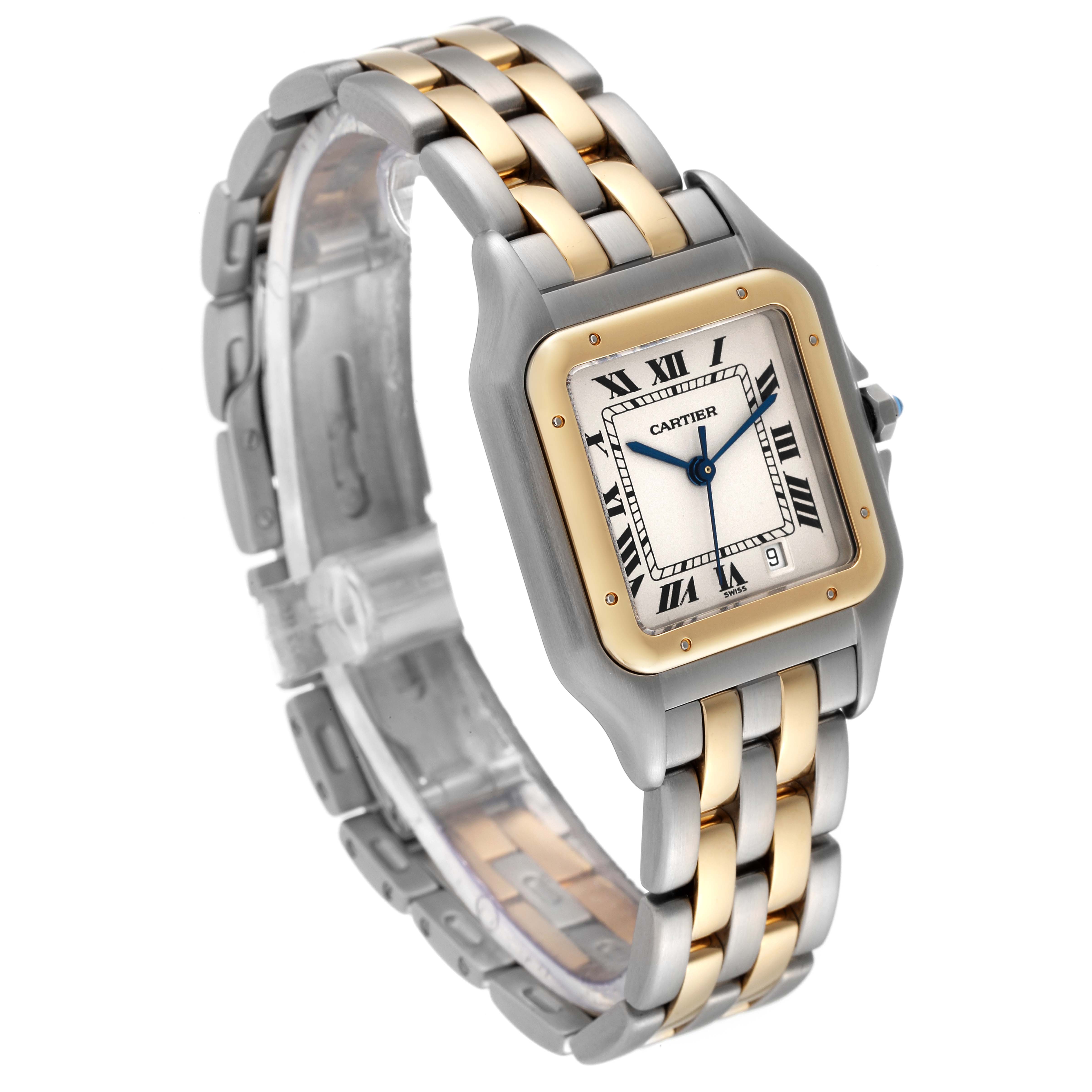 This image shows a Panthere watch by Cartier at a slight angle, highlighting its face, bezel, and two-tone bracelet.