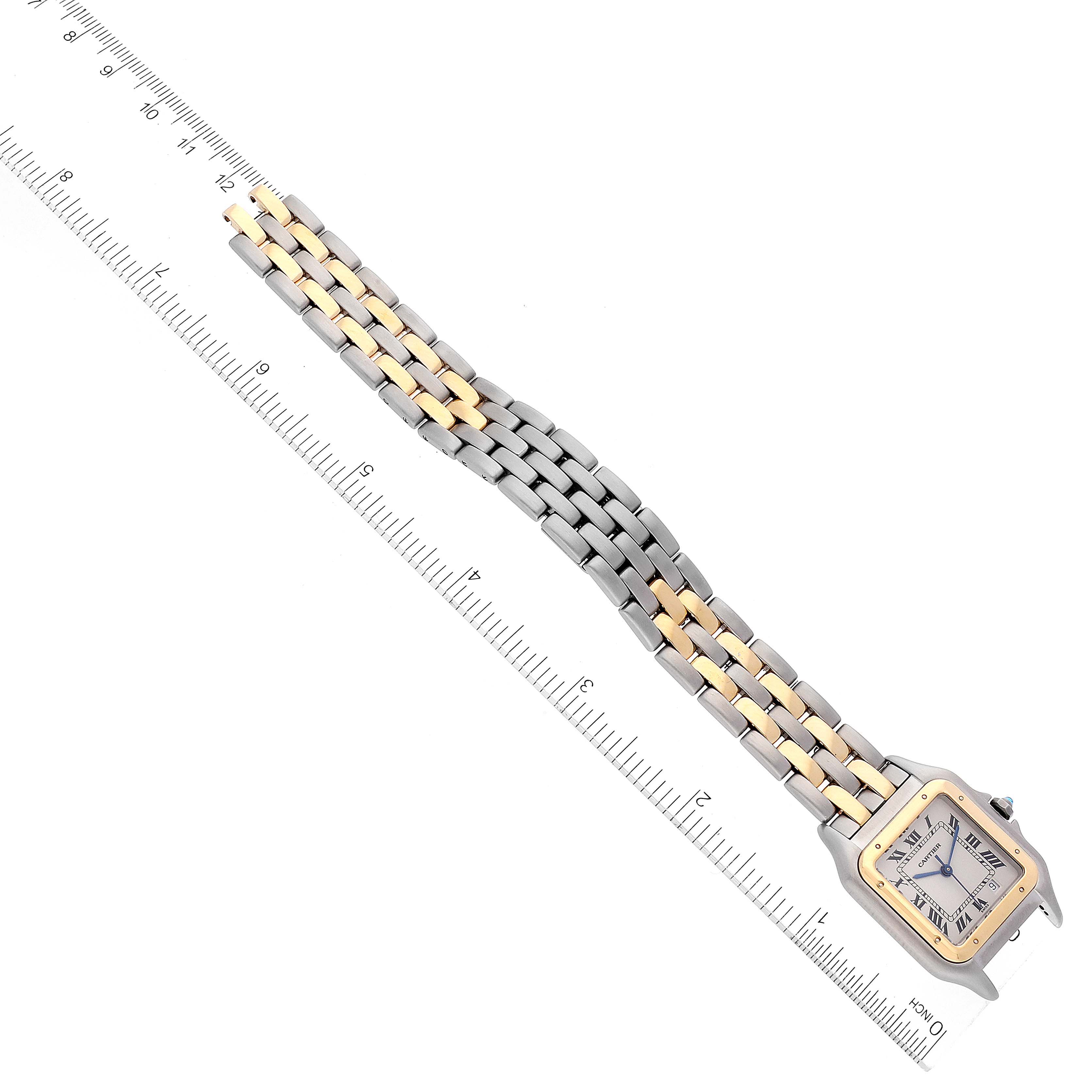 The image shows a top-down view of a Cartier Panthere W25028B8 Women's Steel and Gold (two tone) Silver Dial W25028B8 Women's Steel and Gold (two tone) Silver Dial watch, including its face and two-tone bracelet.