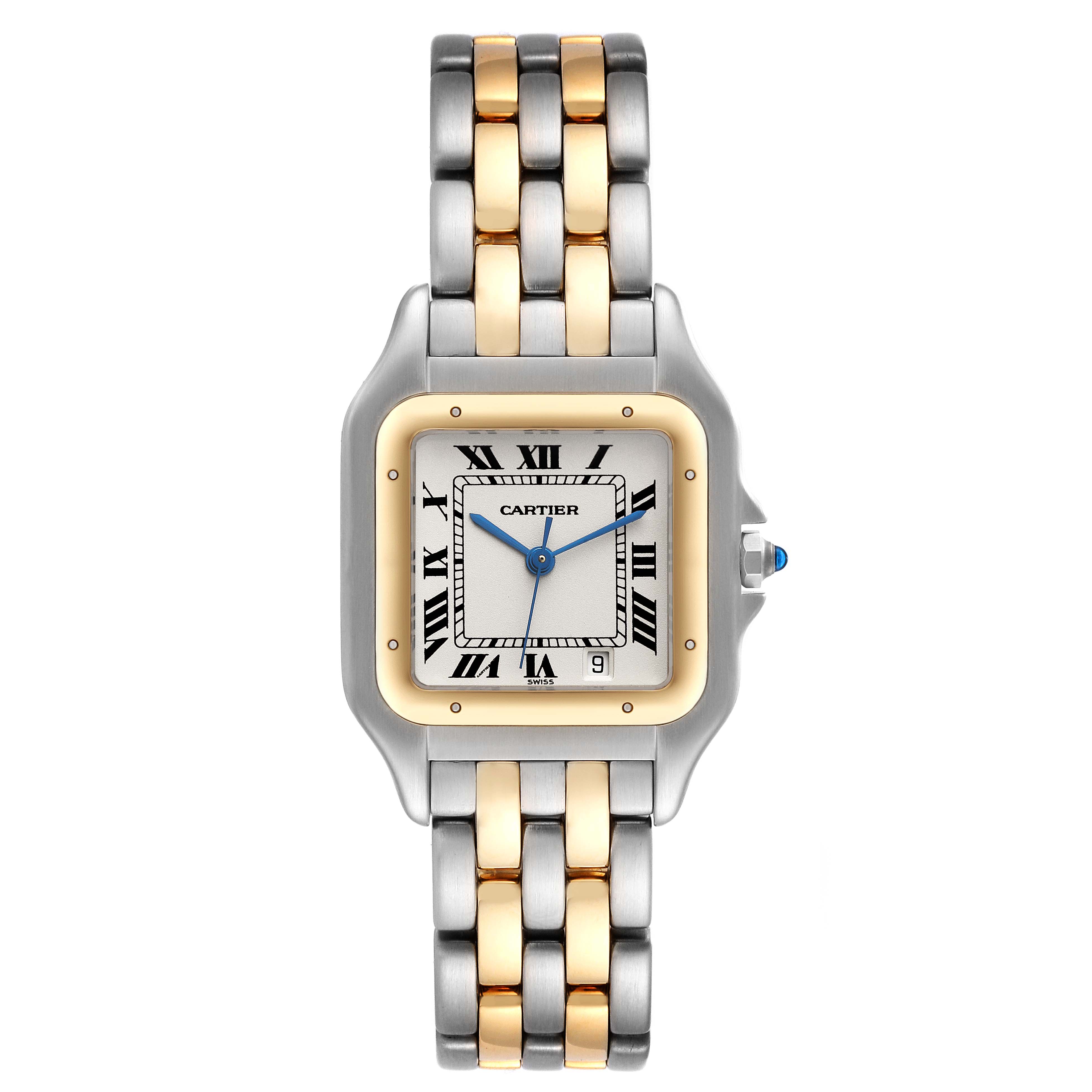 The image shows a frontal view of a Cartier Panthère watch, displaying the dial, bezel, and two-tone bracelet.