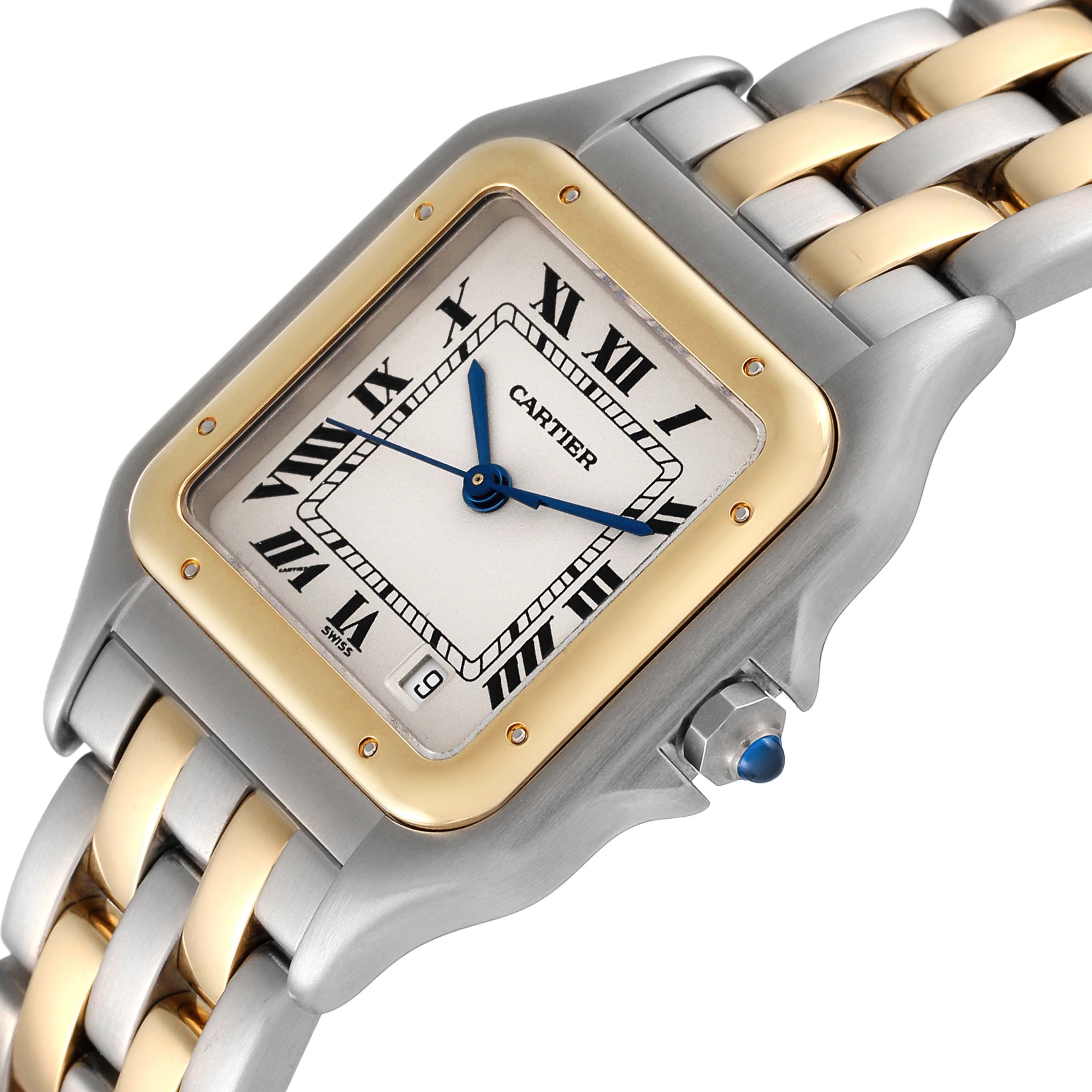 The image shows a close-up of the Cartier Panthere W25028B8 Women's Steel and Gold (two tone) Silver Dial W25028B8 Women's Steel and Gold (two tone) Silver Dial watch, focusing on the dial, bezel, crown, and part of the bracelet.
