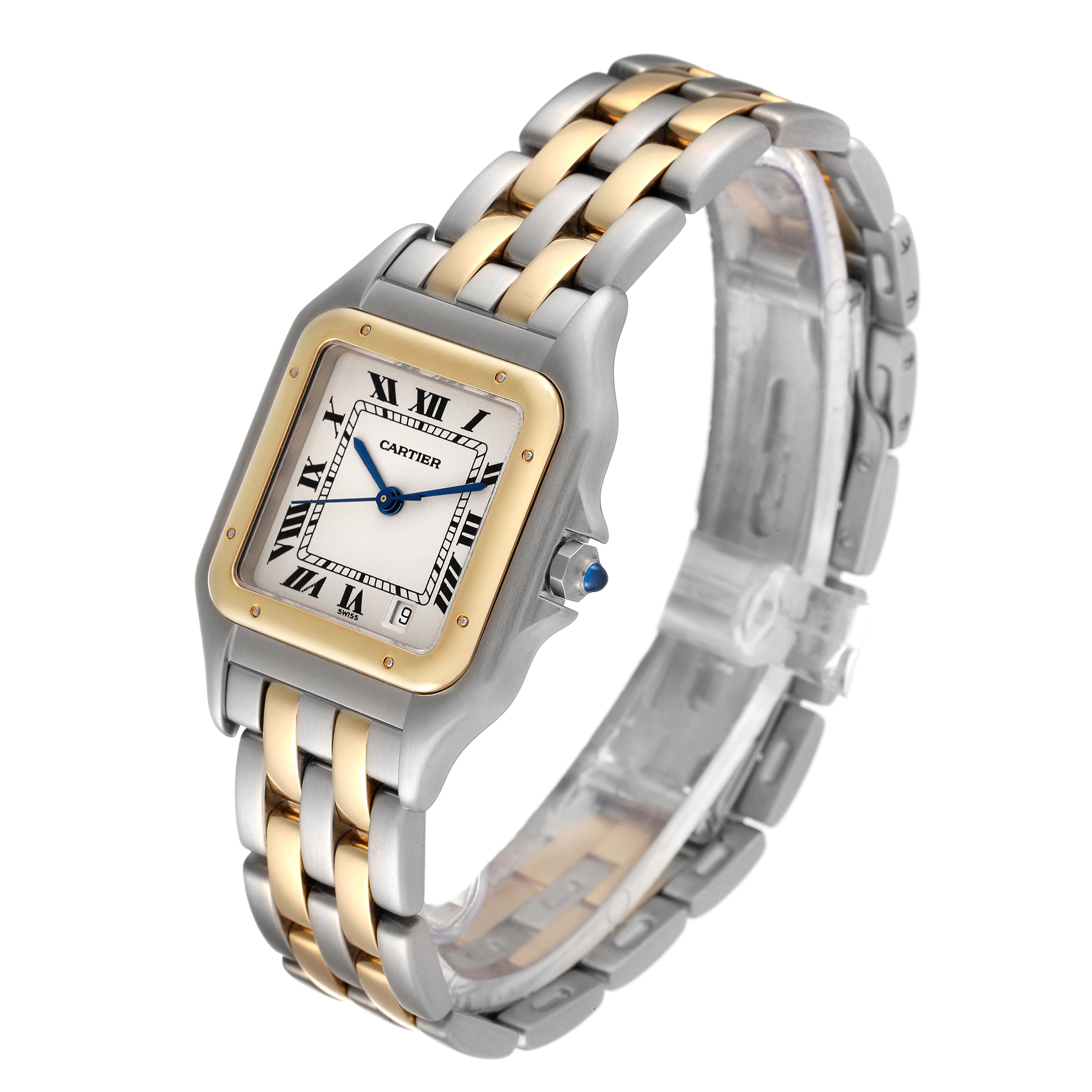 The image shows a Cartier Panthere W25028B8 Women's Steel and Gold (two tone) Silver Dial W25028B8 Women's Steel and Gold (two tone) Silver Dial model watch at a slight side angle, highlighting its face and two-tone bracelet.