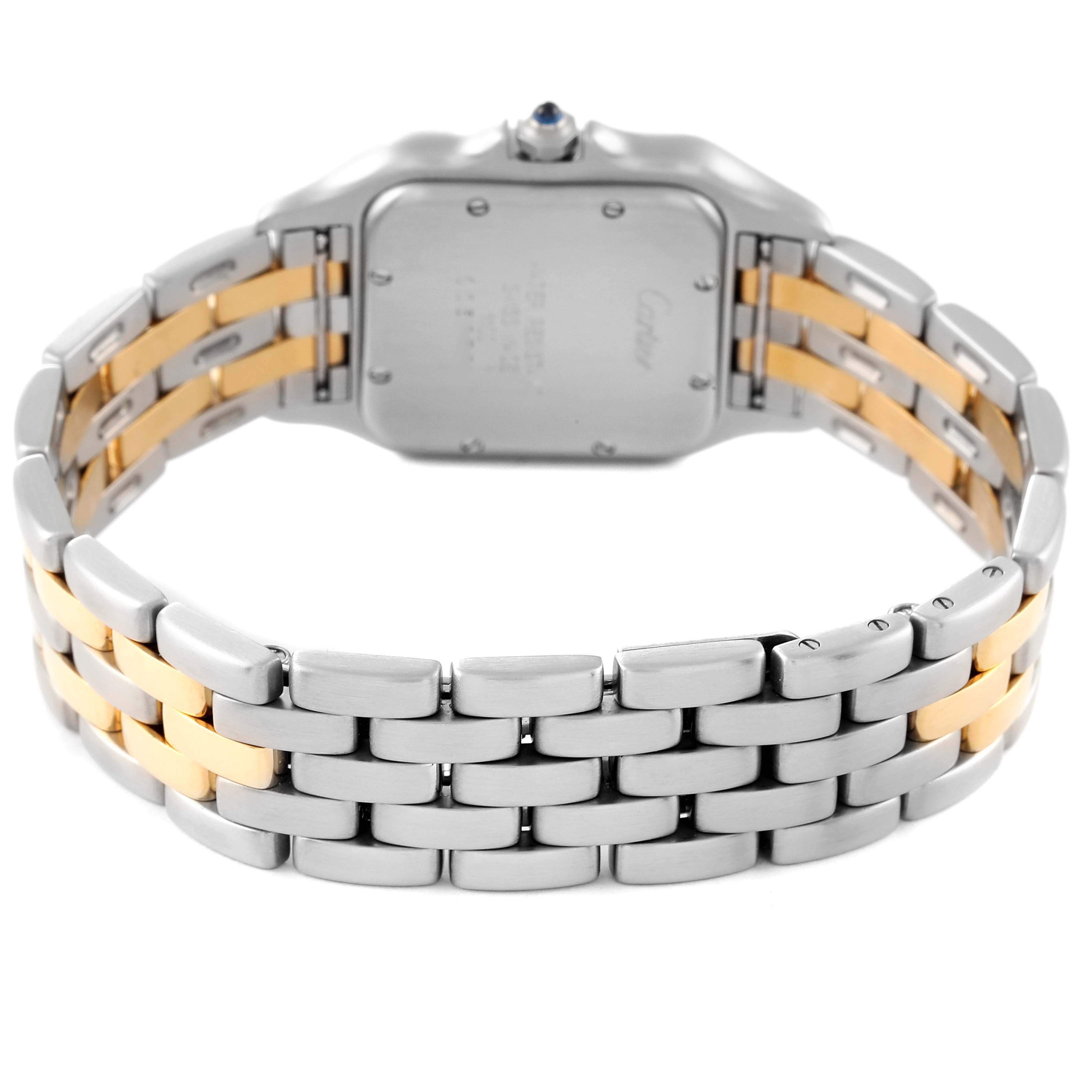 The image shows the back of a Panthere model by Cartier, highlighting the clasp and two-tone bracelet.