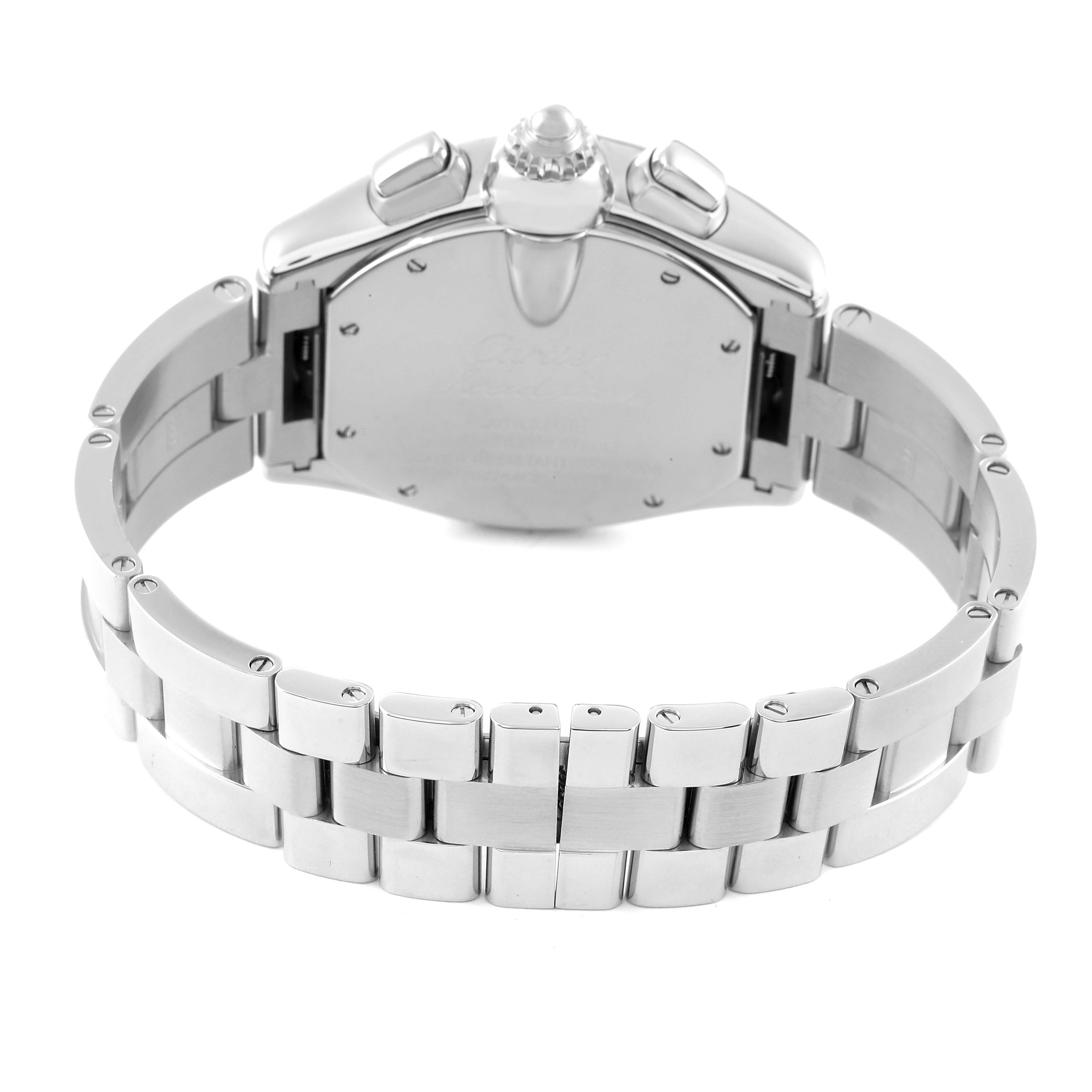 This image of the Cartier Roadster W62020X6 Men's Stainless Steel Black Dial W62020X6 Men's Stainless Steel Black Dial watch shows the back case and bracelet from a rear angle.