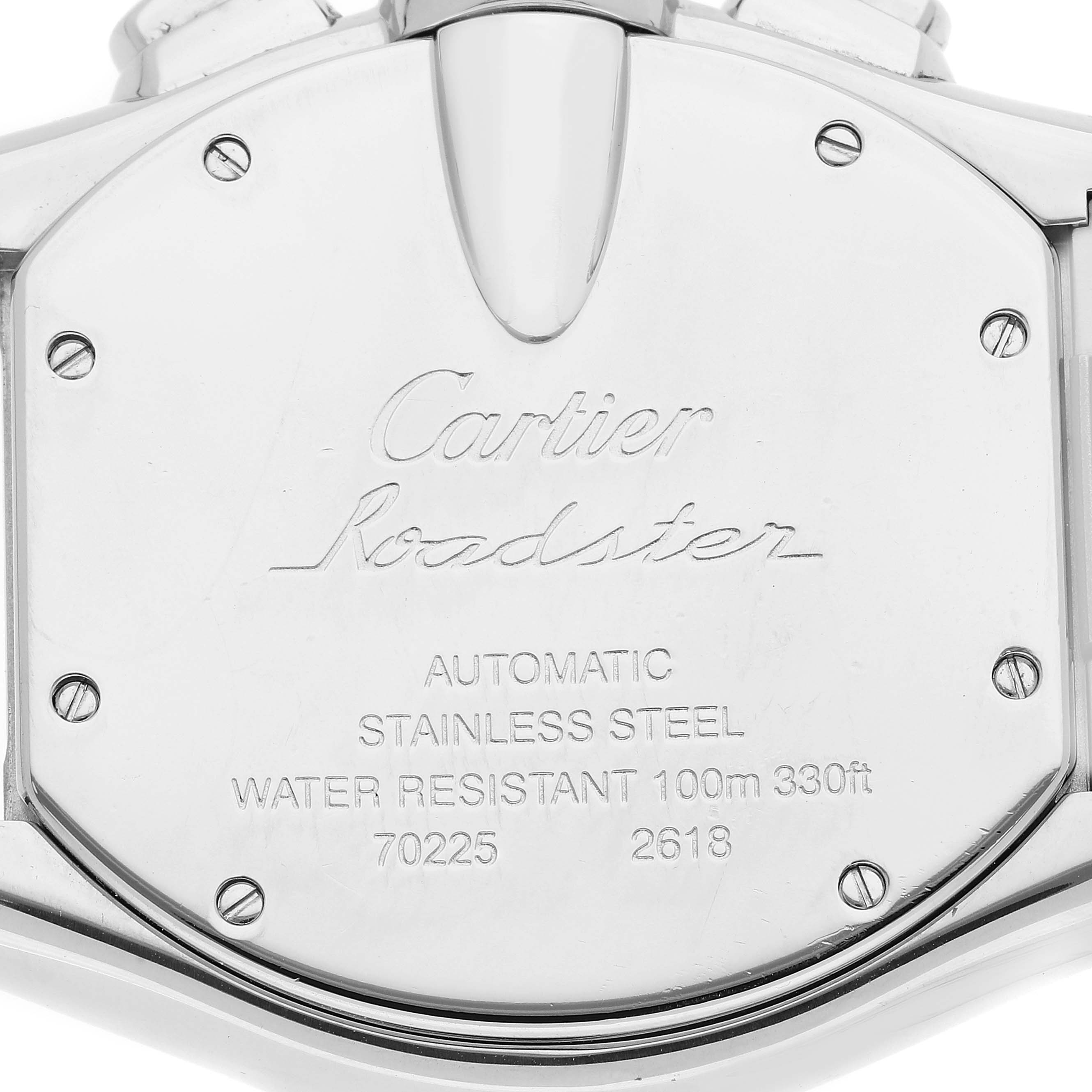 This image shows the back case of a Cartier Roadster W62020X6 Men's Stainless Steel Black Dial W62020X6 Men's Stainless Steel Black Dial watch, highlighting the model's details and specifications.