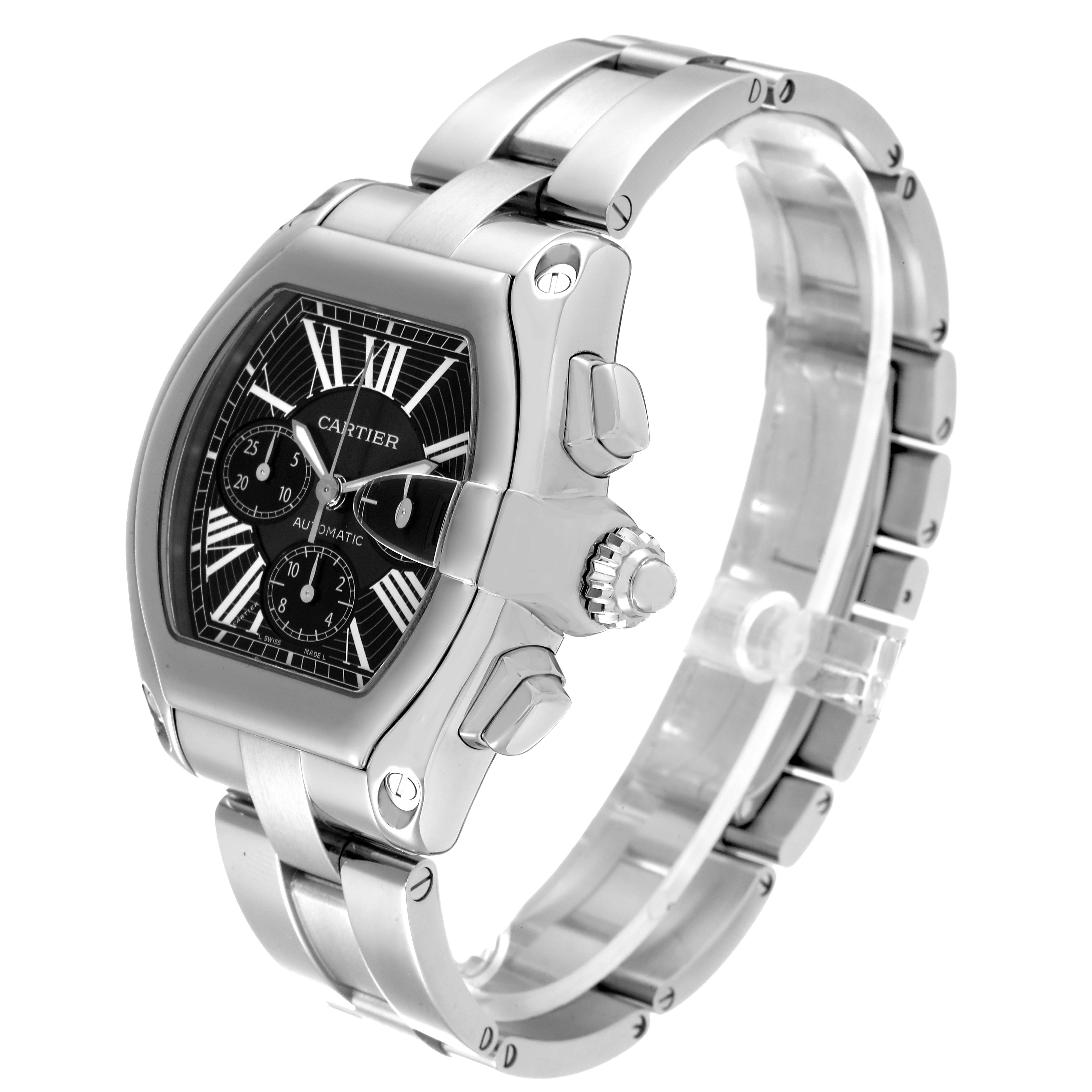 The Cartier Roadster W62020X6 Men's Stainless Steel Black Dial W62020X6 Men's Stainless Steel Black Dial watch is shown at a three-quarter angle, highlighting the dial and stainless steel bracelet.