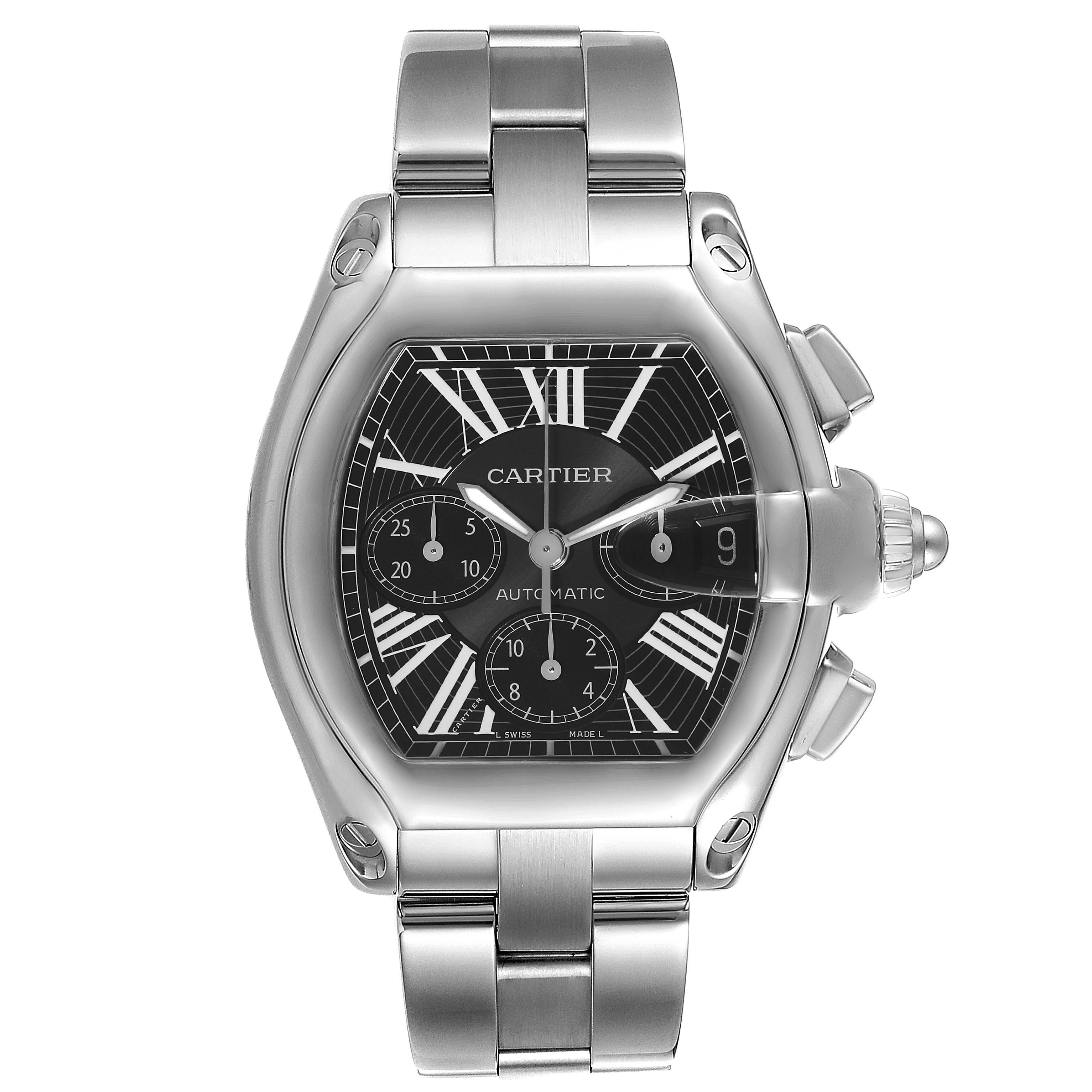 This image shows a frontal view of the Cartier Roadster W62020X6 Men's Stainless Steel Black Dial W62020X6 Men's Stainless Steel Black Dial model watch, featuring its dial, crown, and bracelet.