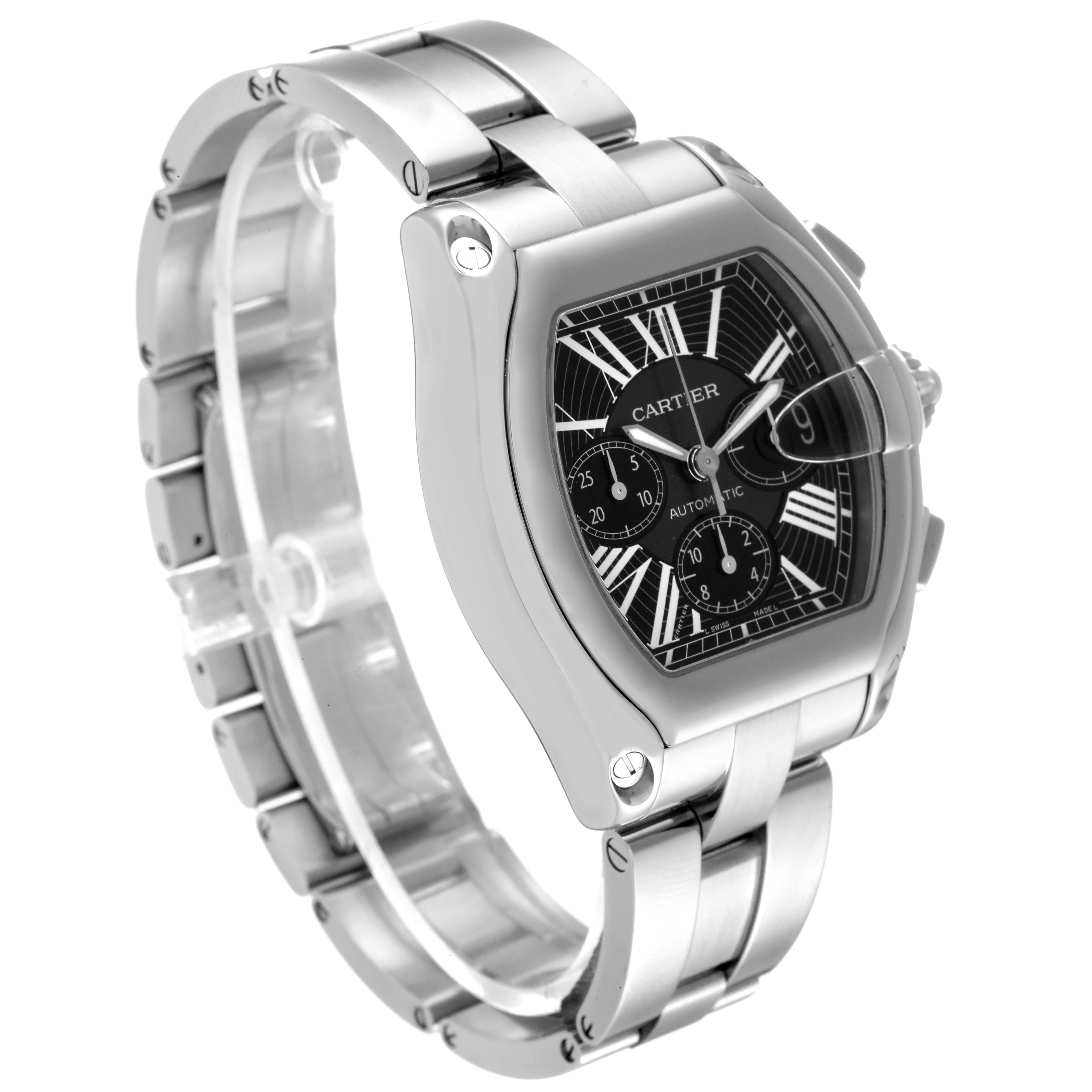 This Cartier Roadster W62020X6 Men's Stainless Steel Black Dial W62020X6 Men's Stainless Steel Black Dial watch is shown from a three-quarter angle, highlighting the face, bezel, and bracelet.