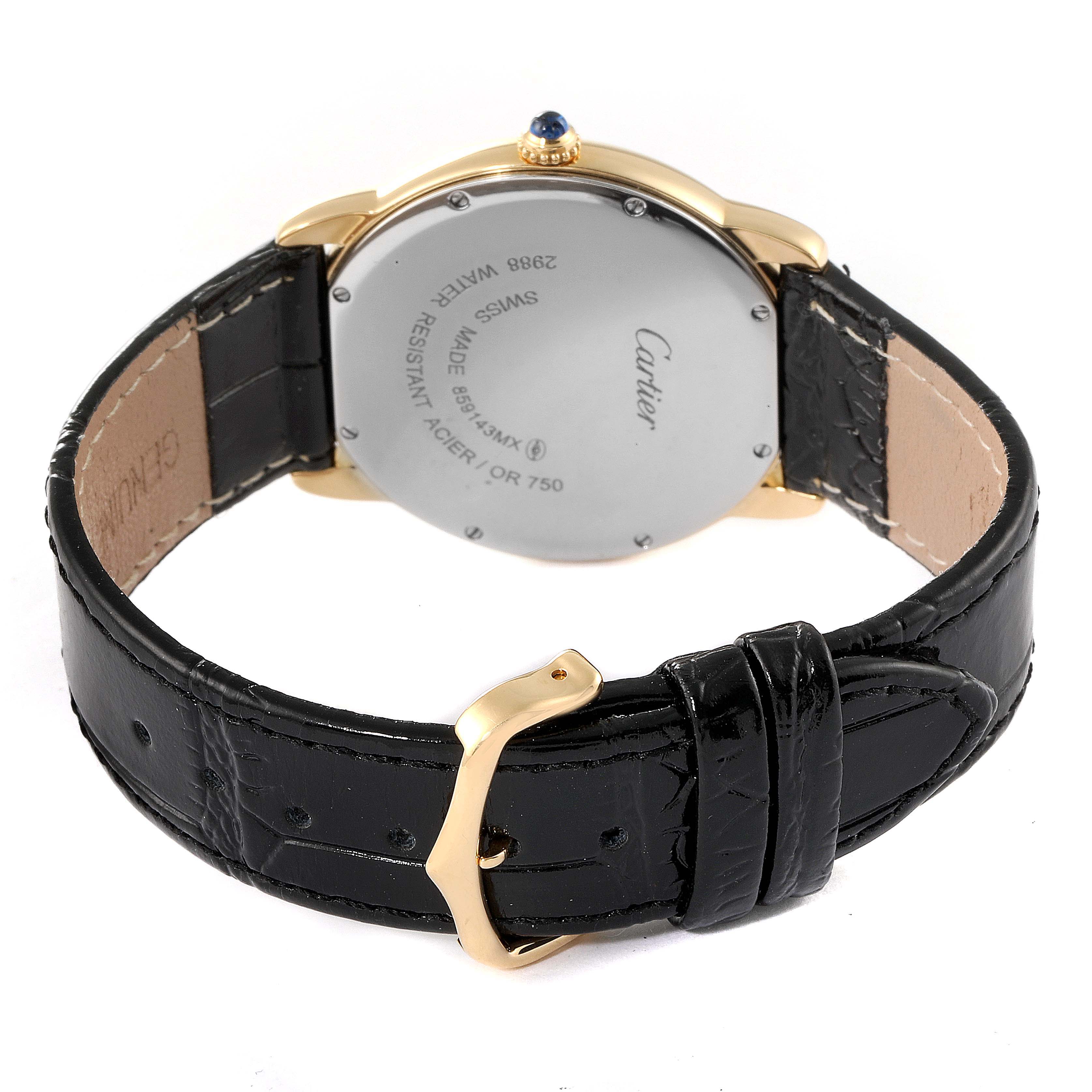 The Cartier Ronde W6700455 Men
s Steel and Gold (two tone) Silver Dial W6700455 Men
s Steel and Gold (two tone) Silver Dial watch is shown from the back, highlighting the case back, strap, and buckle.