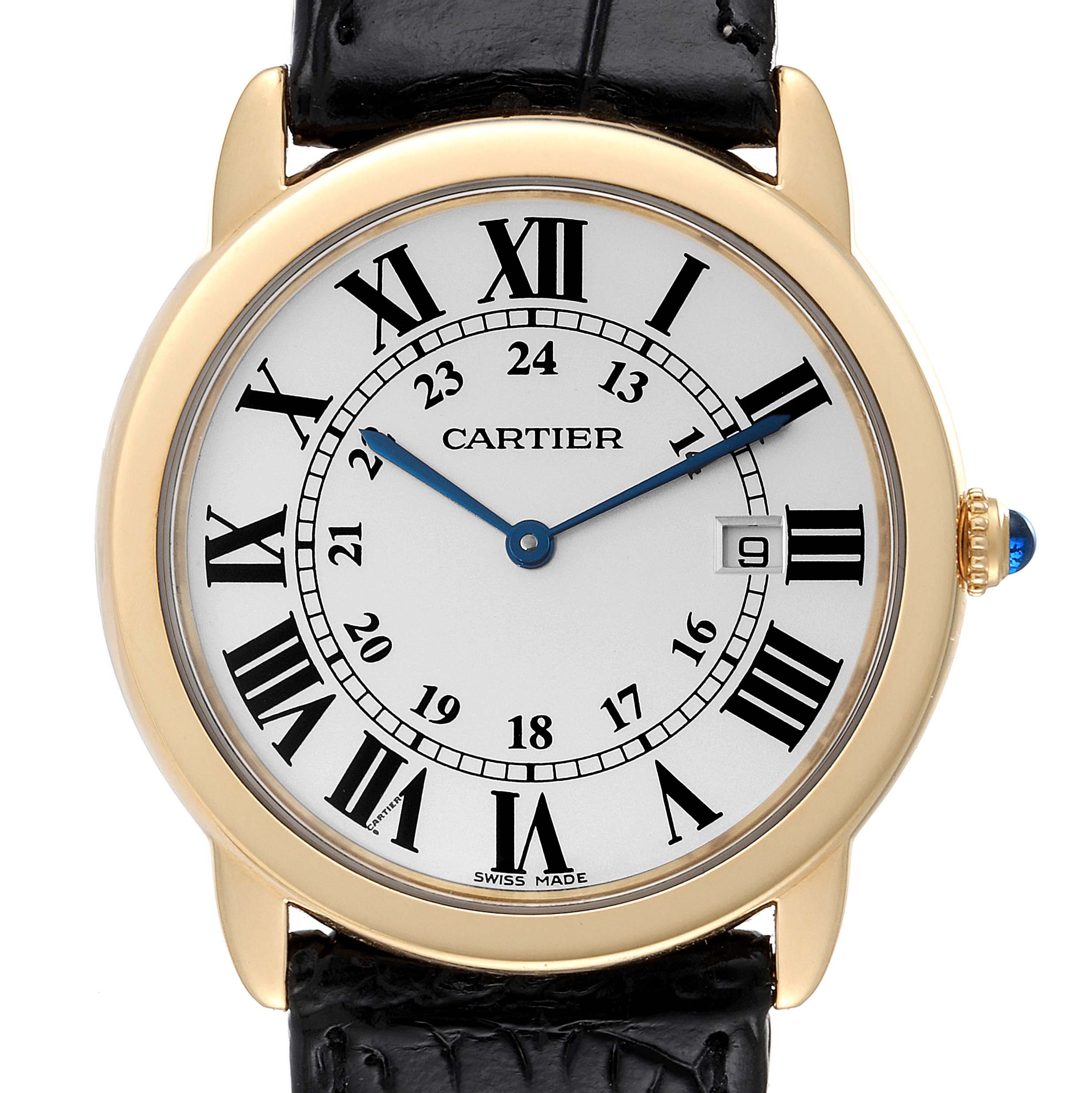 The Cartier Ronde W6700455 Men
s Steel and Gold (two tone) Silver Dial W6700455 Men
s Steel and Gold (two tone) Silver Dial watch is shown from a top-down angle, displaying its dial, gold case, and part of the black leather strap.