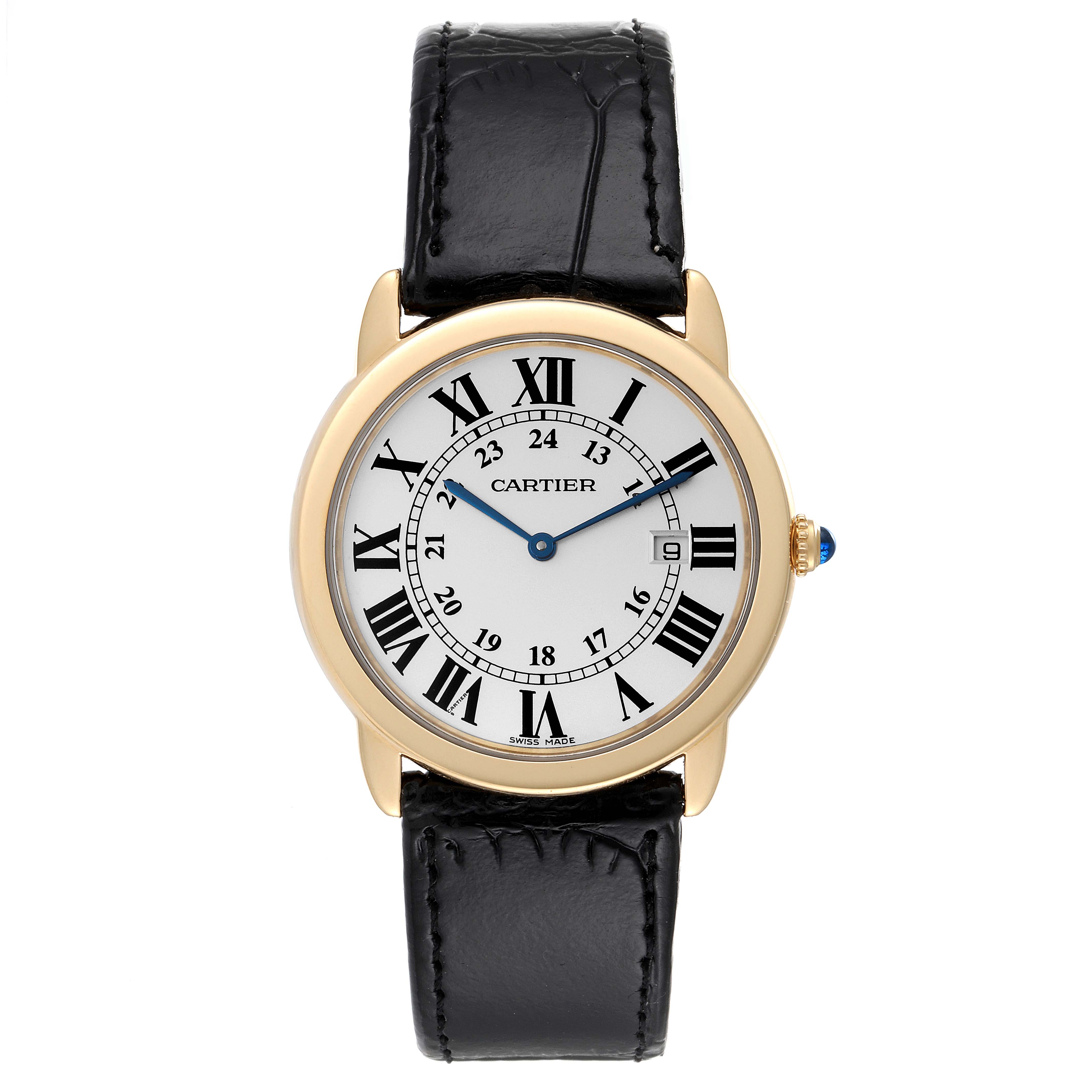 The image shows a Cartier Ronde W6700455 Men
s Steel and Gold (two tone) Silver Dial W6700455 Men
s Steel and Gold (two tone) Silver Dial watch from a front view, displaying its face, Roman numeral markers, hands, case, and black leather strap.