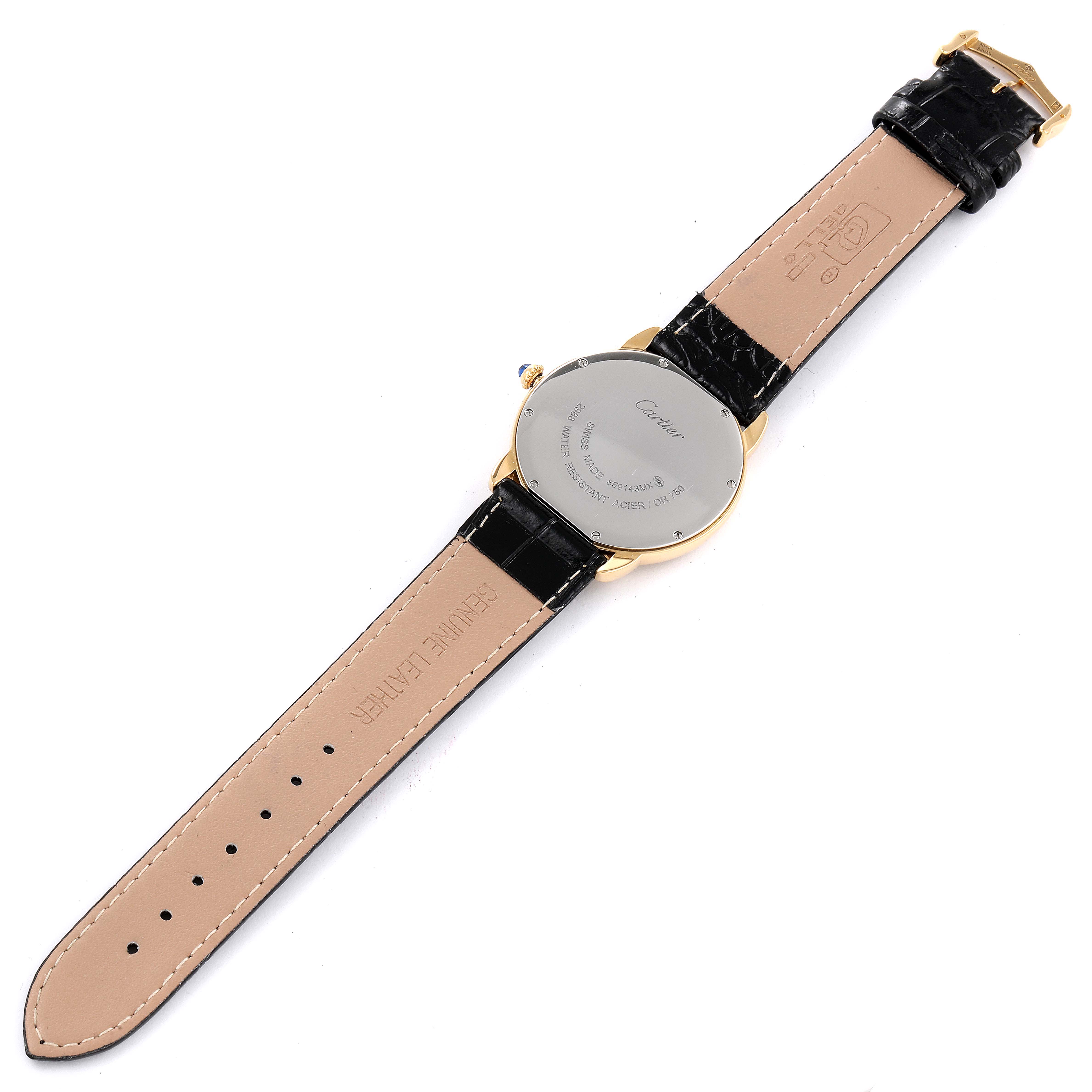 The image shows the back view of a Cartier Ronde W6700455 Men
s Steel and Gold (two tone) Silver Dial W6700455 Men
s Steel and Gold (two tone) Silver Dial model watch, displaying the case back and leather straps.