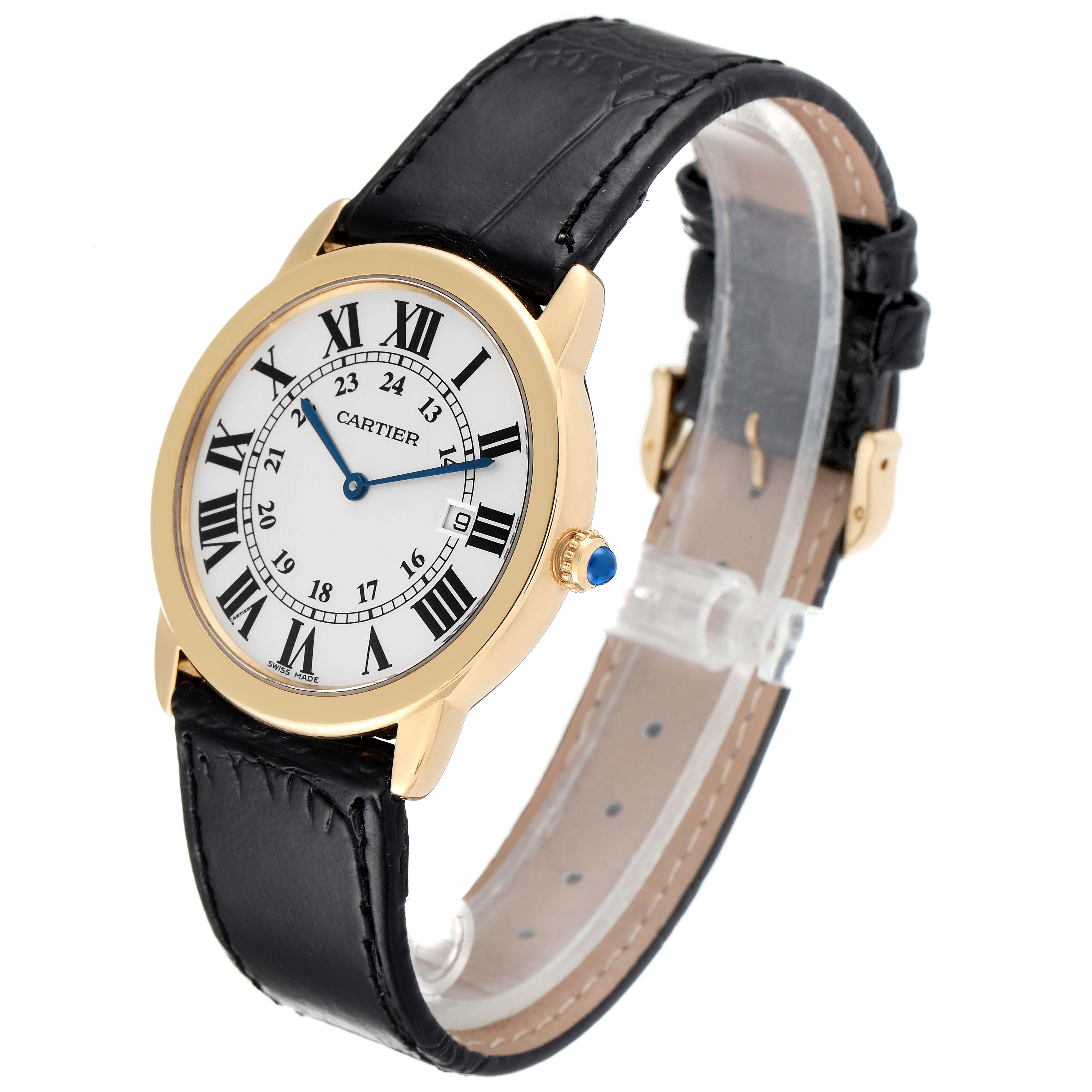 The Cartier Ronde W6700455 Men
s Steel and Gold (two tone) Silver Dial W6700455 Men
s Steel and Gold (two tone) Silver Dial watch is shown at a slight angle highlighting its round face, Roman numerals, gold casing, and black leather strap.