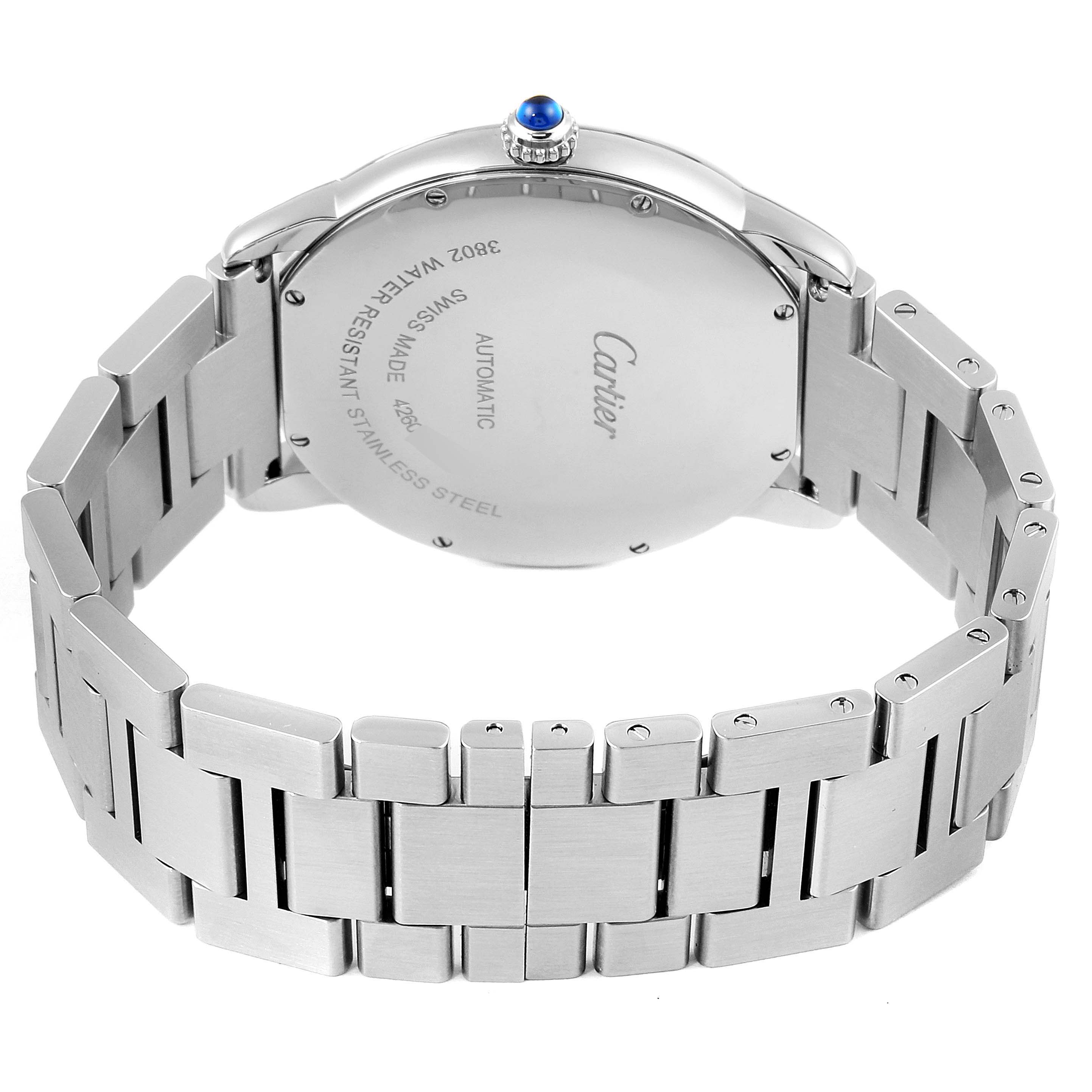 This image shows the back case and bracelet of the Cartier Ronde WSRN0023 Men's Stainless Steel Blue Dial WSRN0023 Men's Stainless Steel Blue Dial watch from a rear angle.