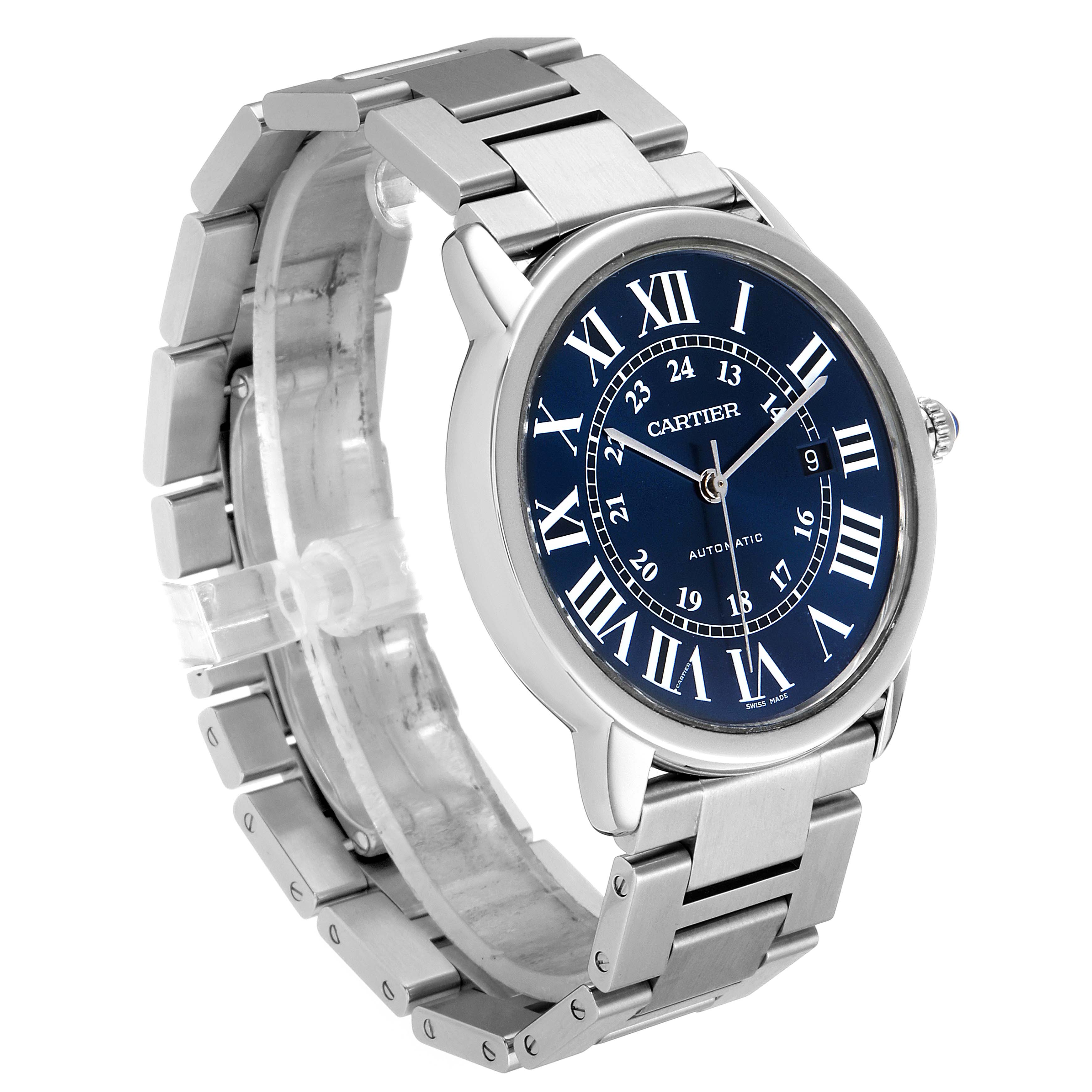 The Cartier Ronde WSRN0023 Men's Stainless Steel Blue Dial WSRN0023 Men's Stainless Steel Blue Dial watch is shown at a three-quarter angle, displaying its face, steel bracelet, and bezel.
