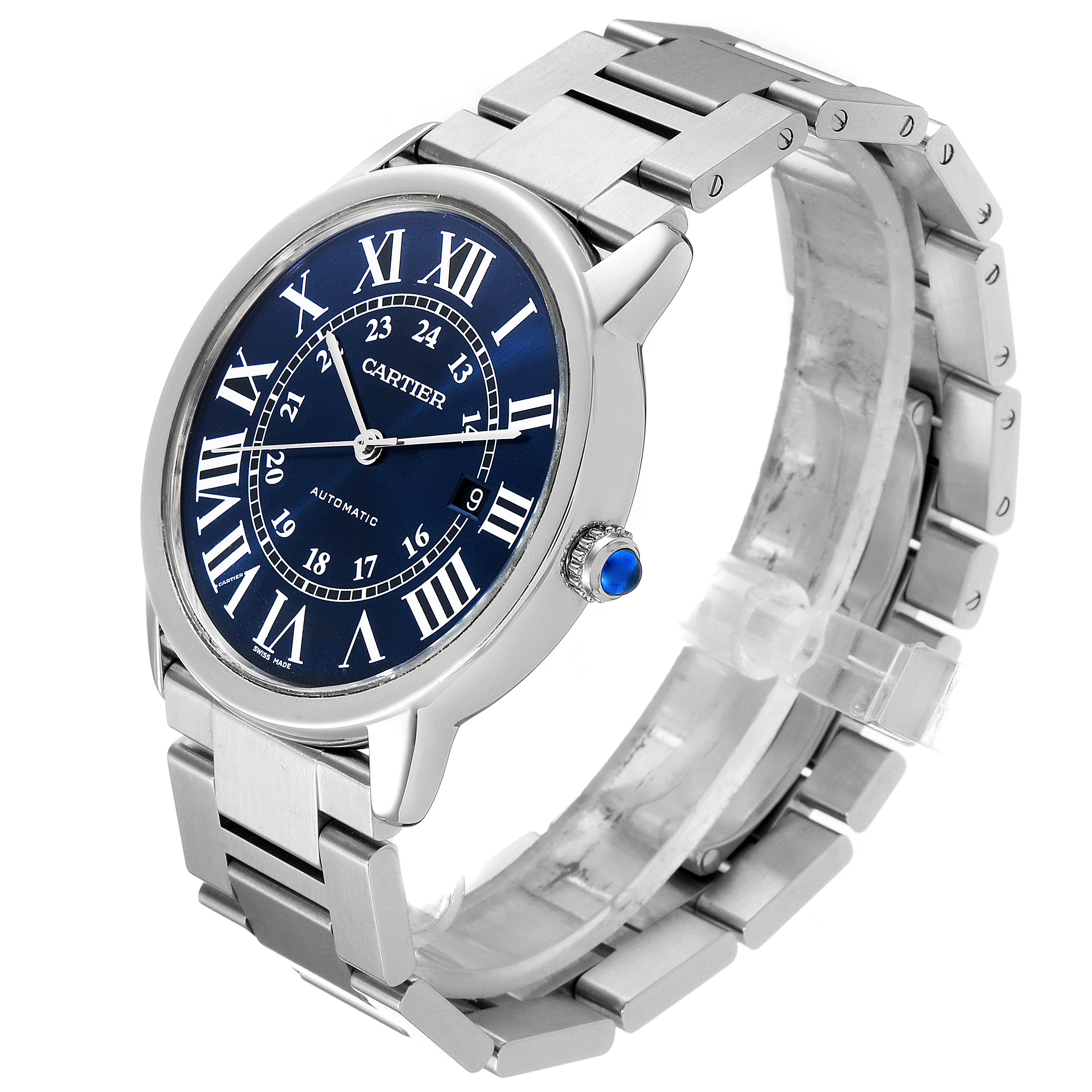 The Cartier Ronde WSRN0023 Men's Stainless Steel Blue Dial WSRN0023 Men's Stainless Steel Blue Dial watch is shown at a slight angle, displaying the face, bezel, and stainless steel bracelet.