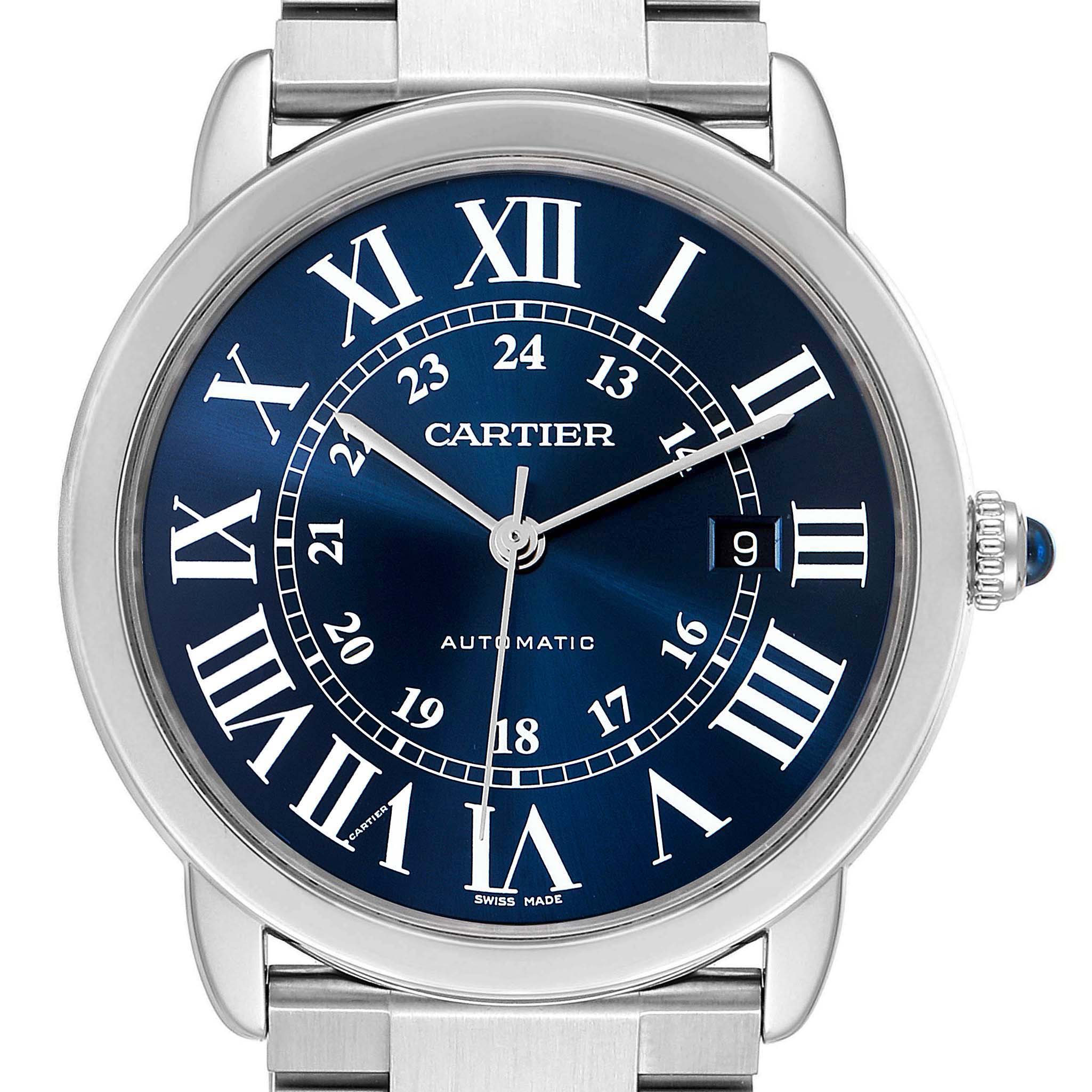 The image shows a front view of the Ronde model by Cartier featuring a blue dial with Roman numerals and a metal bracelet.