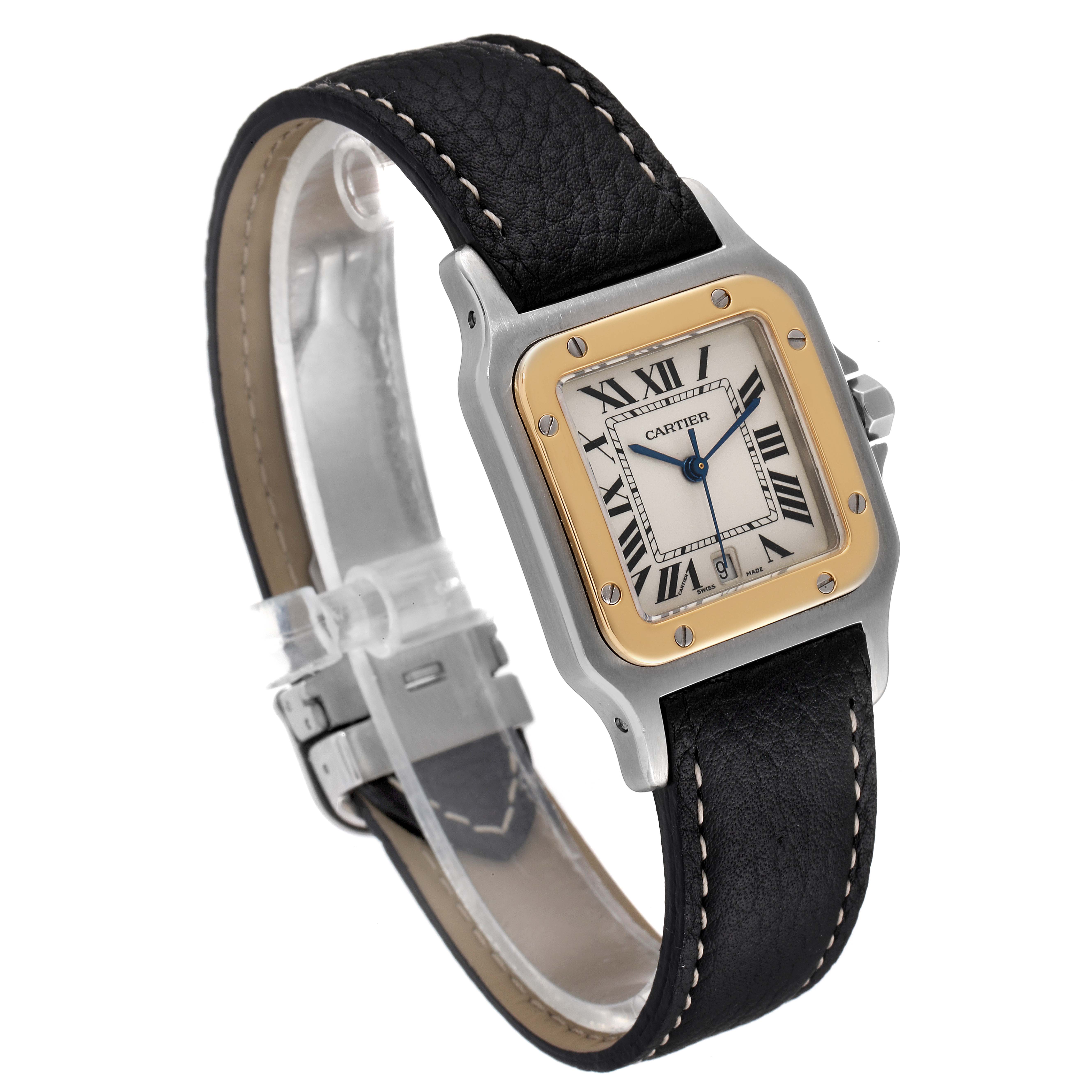 The Cartier Santos 187901 Men's Steel and Gold (two tone) Silver Dial 187901 Men's Steel and Gold (two tone) Silver Dial watch is shown from an angled view, displaying the watch face, bezel, crown, and a part of the leather strap.