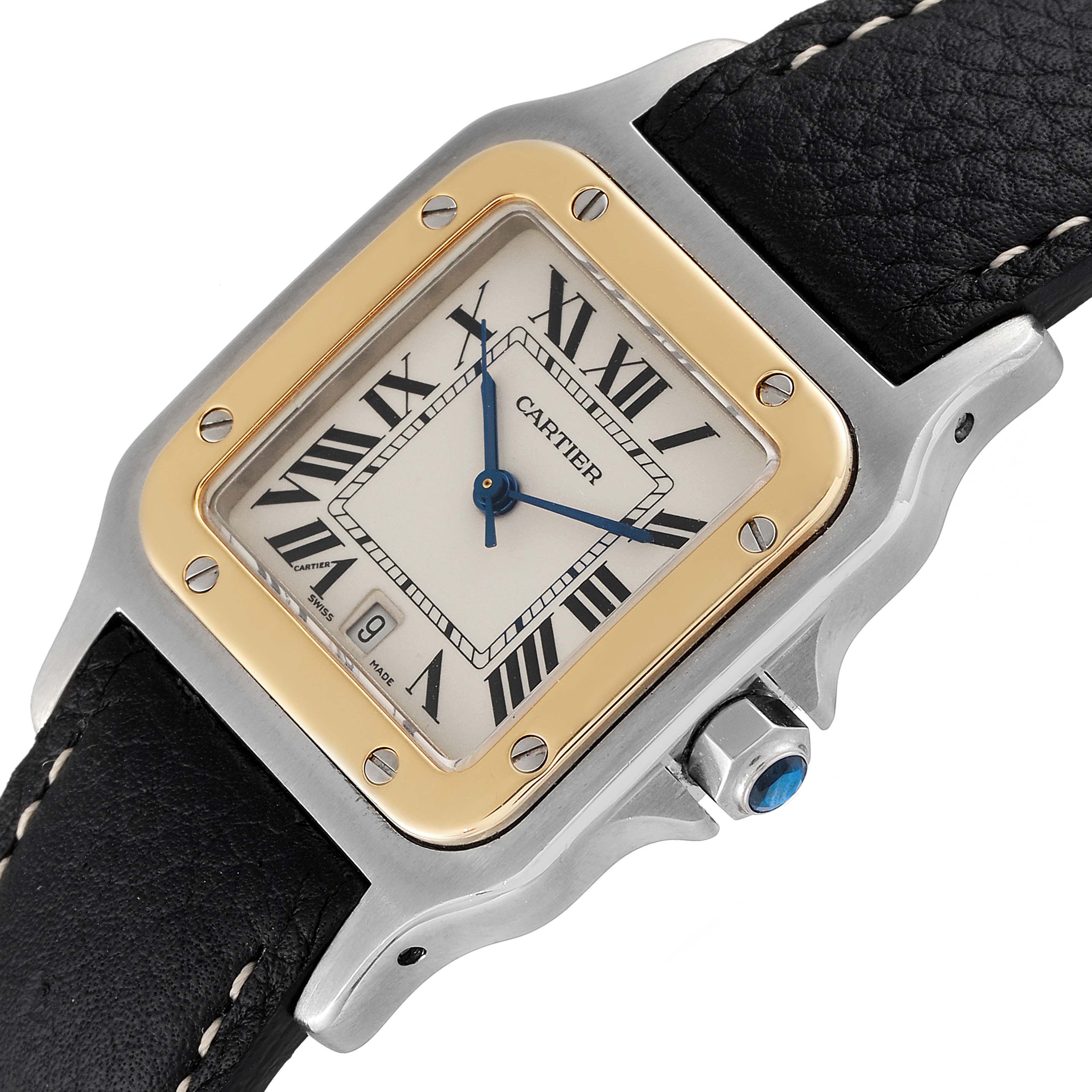 The image shows a close-up of the Cartier Santos 187901 Men's Steel and Gold (two tone) Silver Dial 187901 Men's Steel and Gold (two tone) Silver Dial watch, focusing on its square face, Roman numerals, and black leather strap.