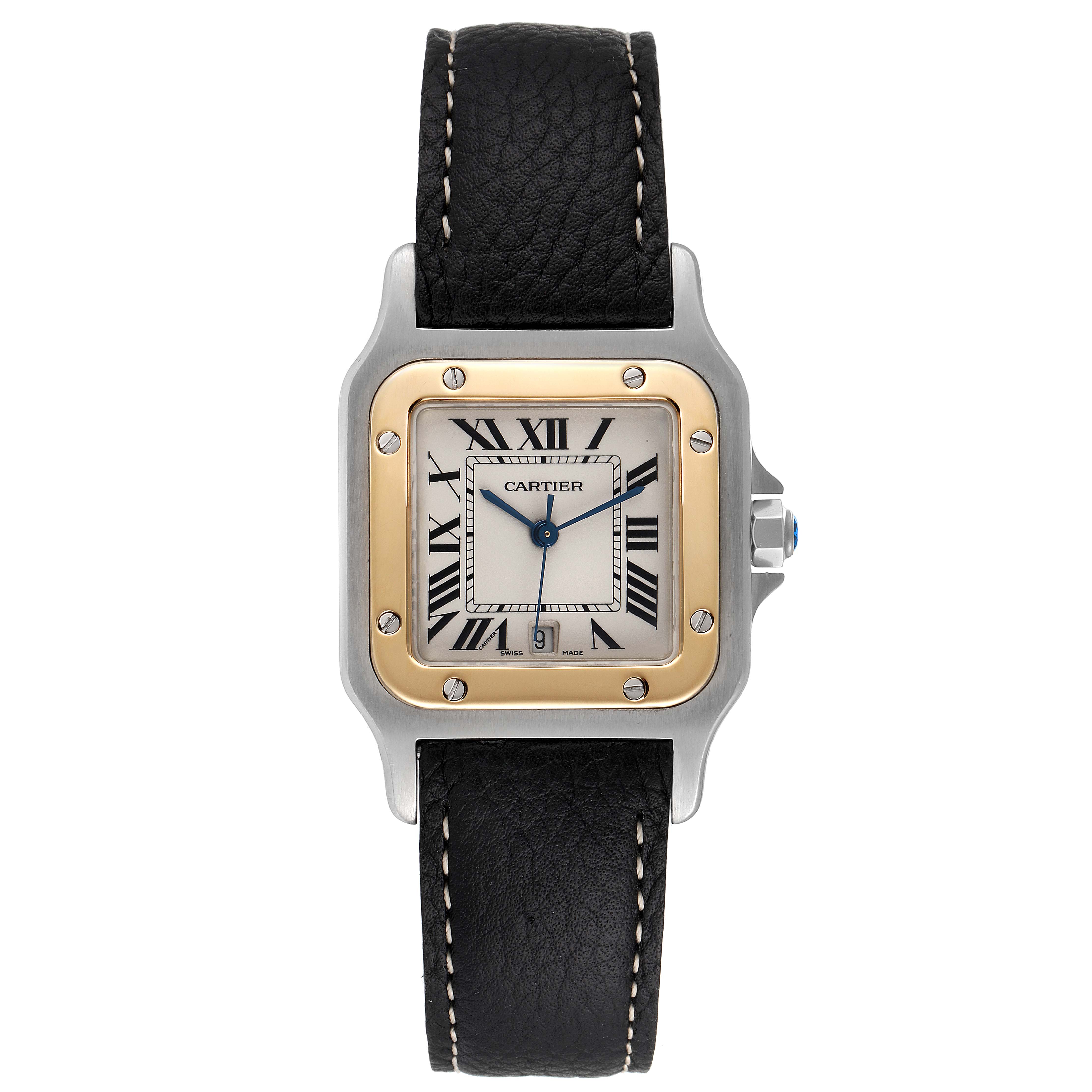 This image shows a frontal view of the Cartier Santos 187901 Men's Steel and Gold (two tone) Silver Dial 187901 Men's Steel and Gold (two tone) Silver Dial watch, displaying its face, bezel, crown, and black leather strap.