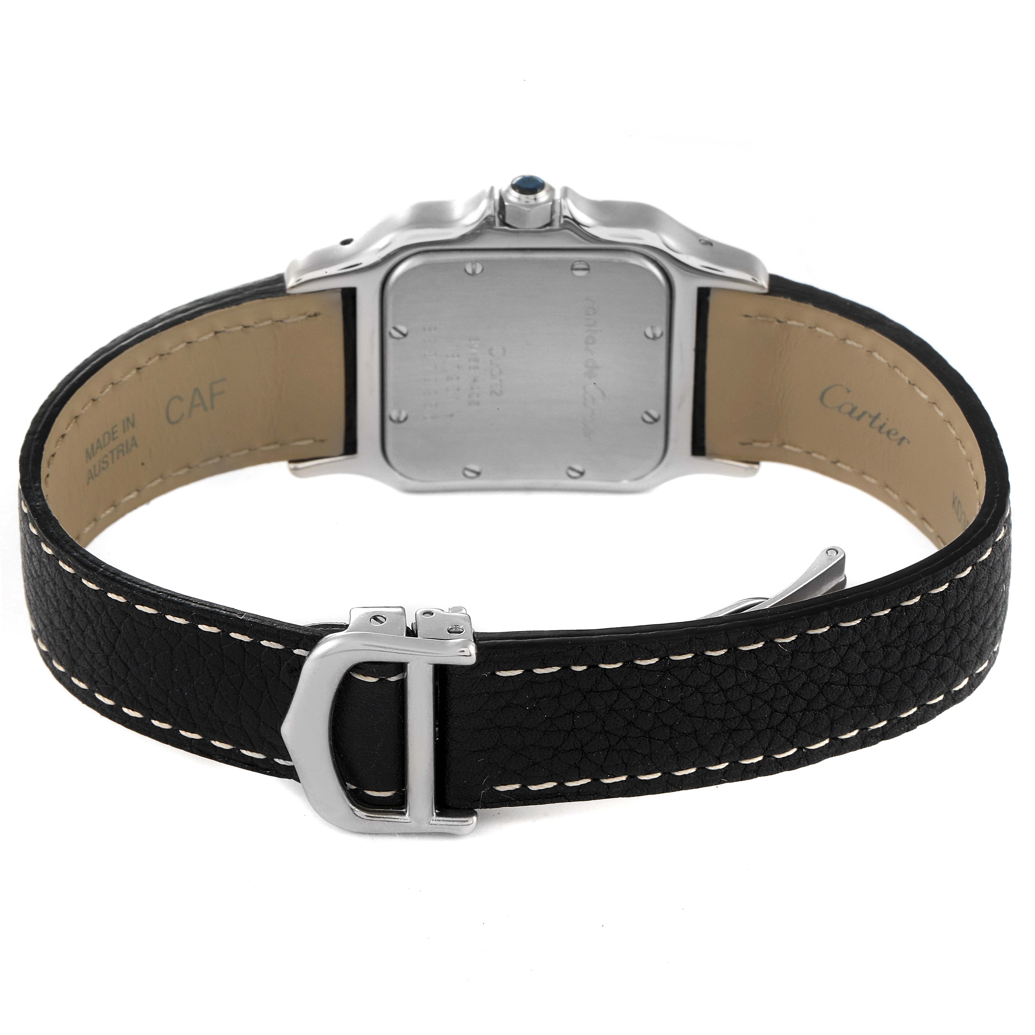 This image shows the back and buckle of the Cartier Santos 187901 Men's Steel and Gold (two tone) Silver Dial 187901 Men's Steel and Gold (two tone) Silver Dial watch with a black leather strap.