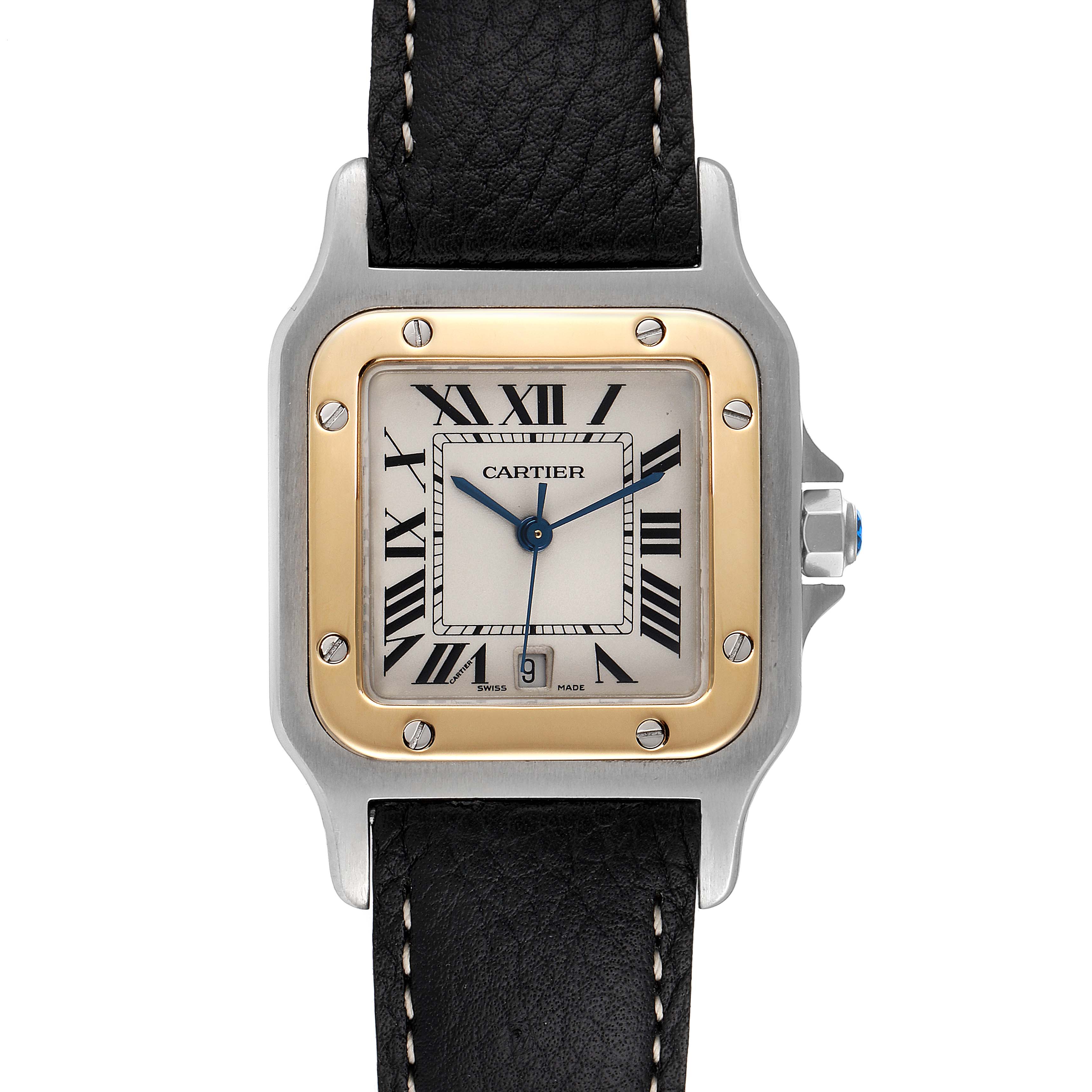 The image shows a frontal view of a Cartier Santos 187901 Men's Steel and Gold (two tone) Silver Dial 187901 Men's Steel and Gold (two tone) Silver Dial watch, displaying its face, bezel, and leather strap.