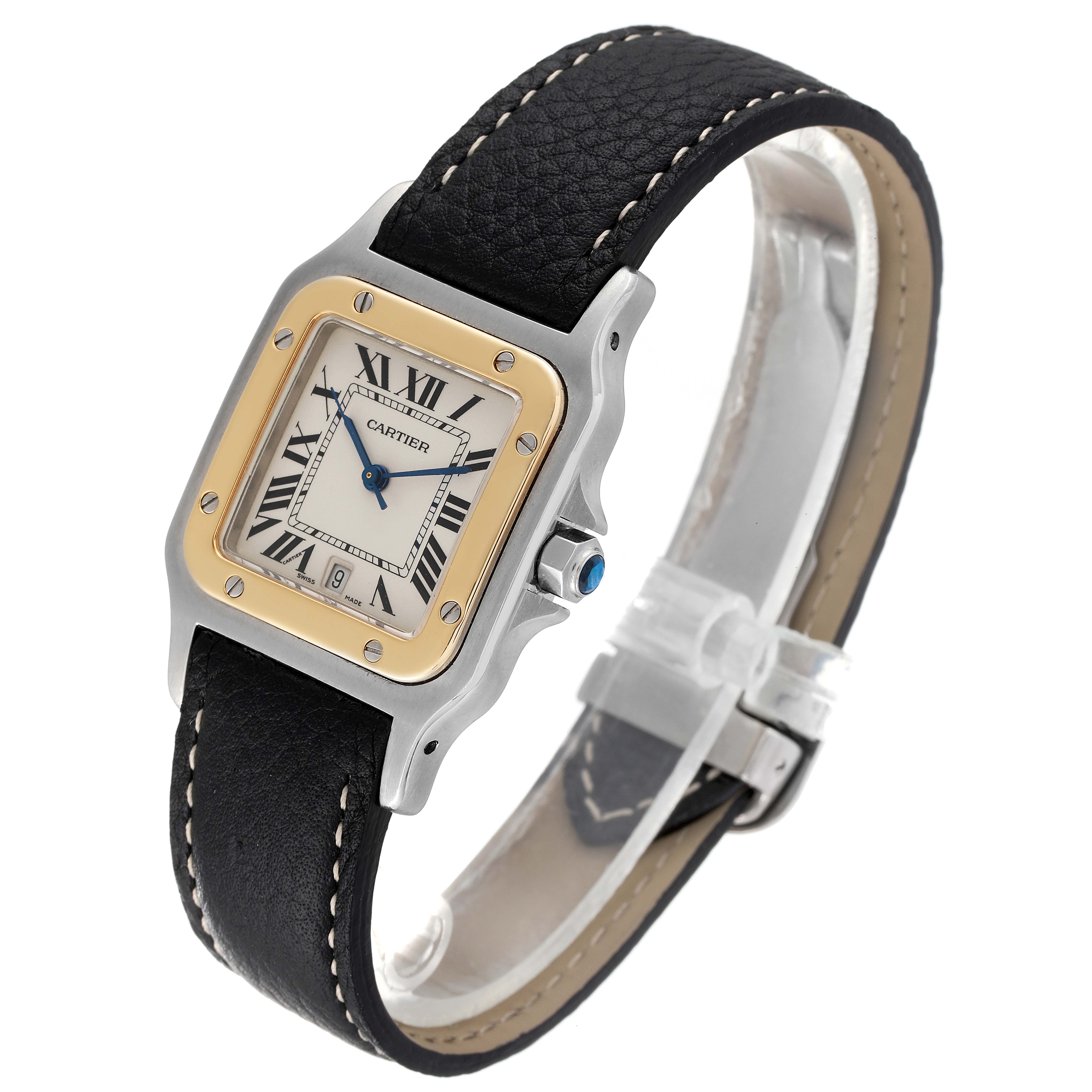 The image shows a Cartier Santos 187901 Men's Steel and Gold (two tone) Silver Dial 187901 Men's Steel and Gold (two tone) Silver Dial watch at a three-quarter angle, featuring its black leather strap and square dial with Roman numerals.