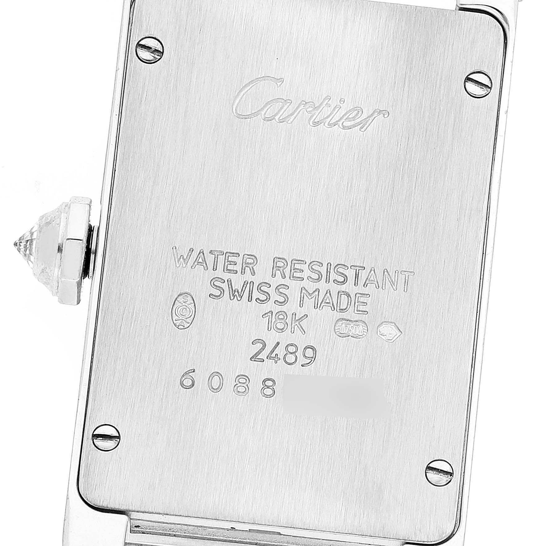 This image shows the back case and crown of the Cartier Tank Americaine WB701851 Women's White Gold Silver Dial WB701851 Women's White Gold Silver Dial watch.