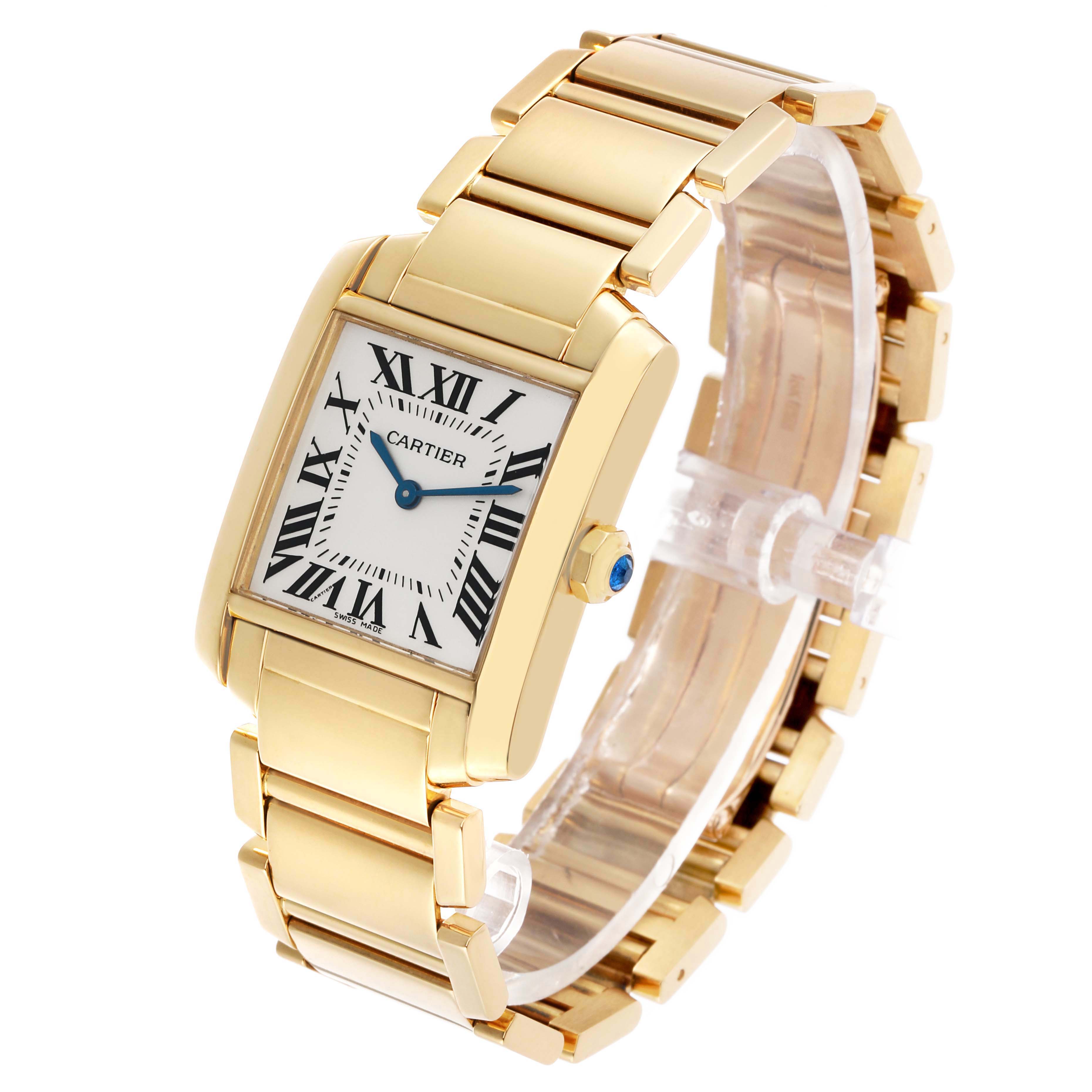 The Cartier Tank Française watch is shown at an angled view, displaying the face, bracelet, and crown.