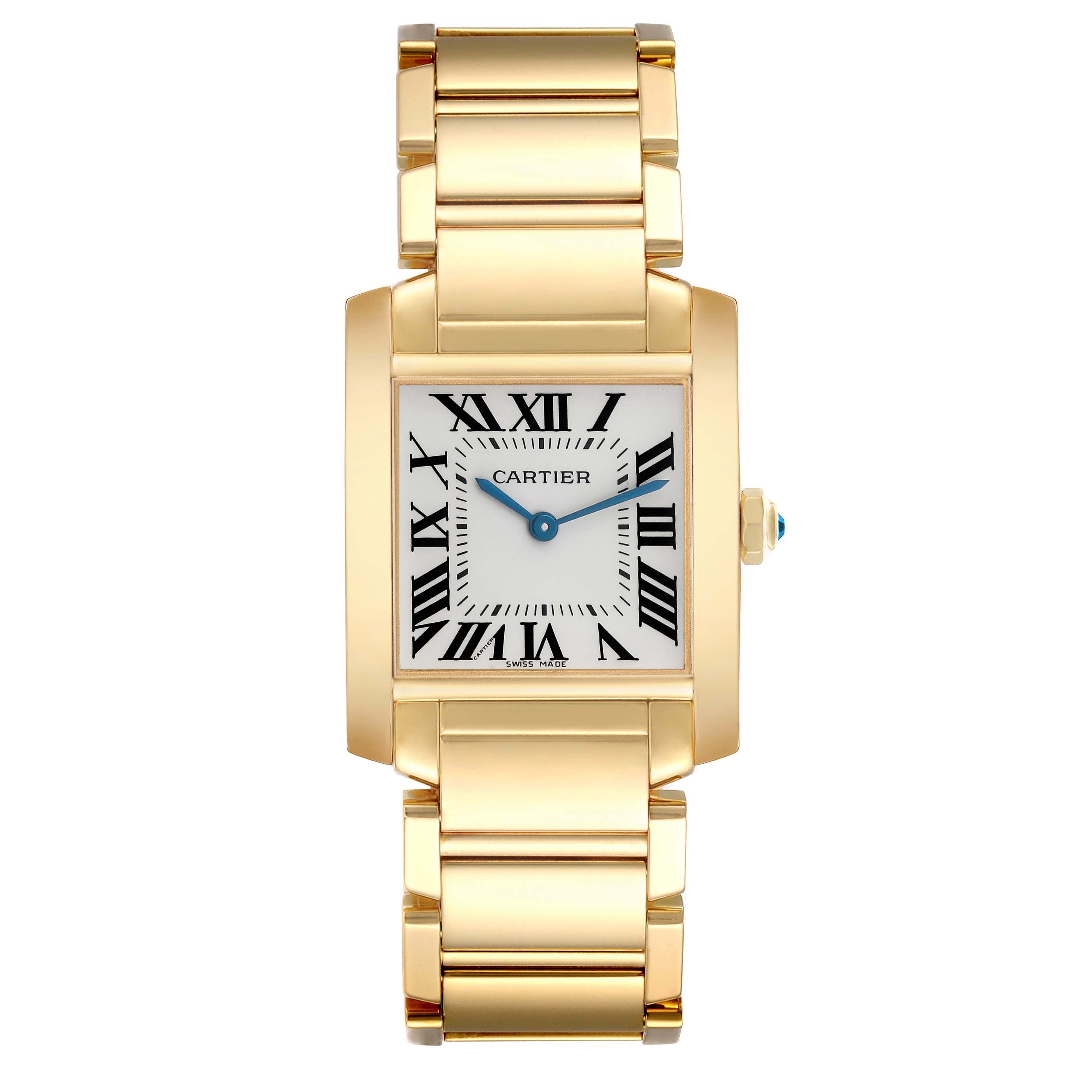 The Cartier Tank Française watch is shown from a front angle, featuring its gold case, bracelet, and Roman numeral dial.