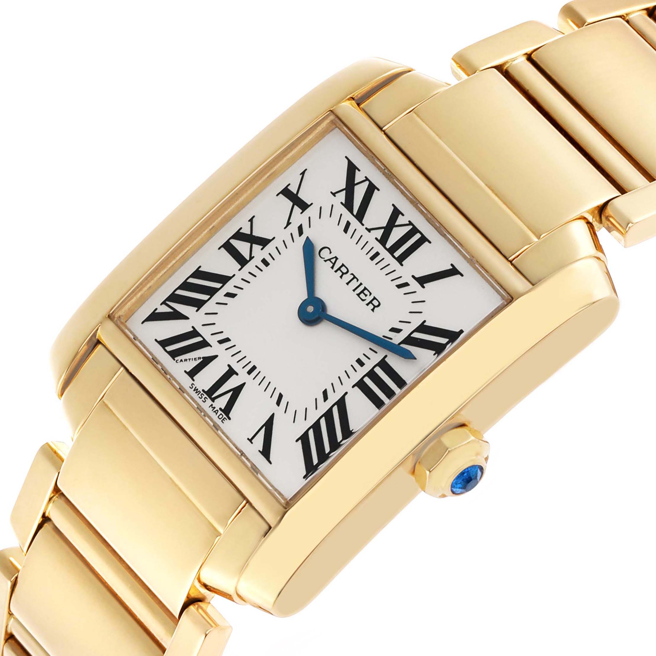 The image shows a close-up of the Cartier Tank Française watch, highlighting the face, crown, and part of the bracelet at an angled view.