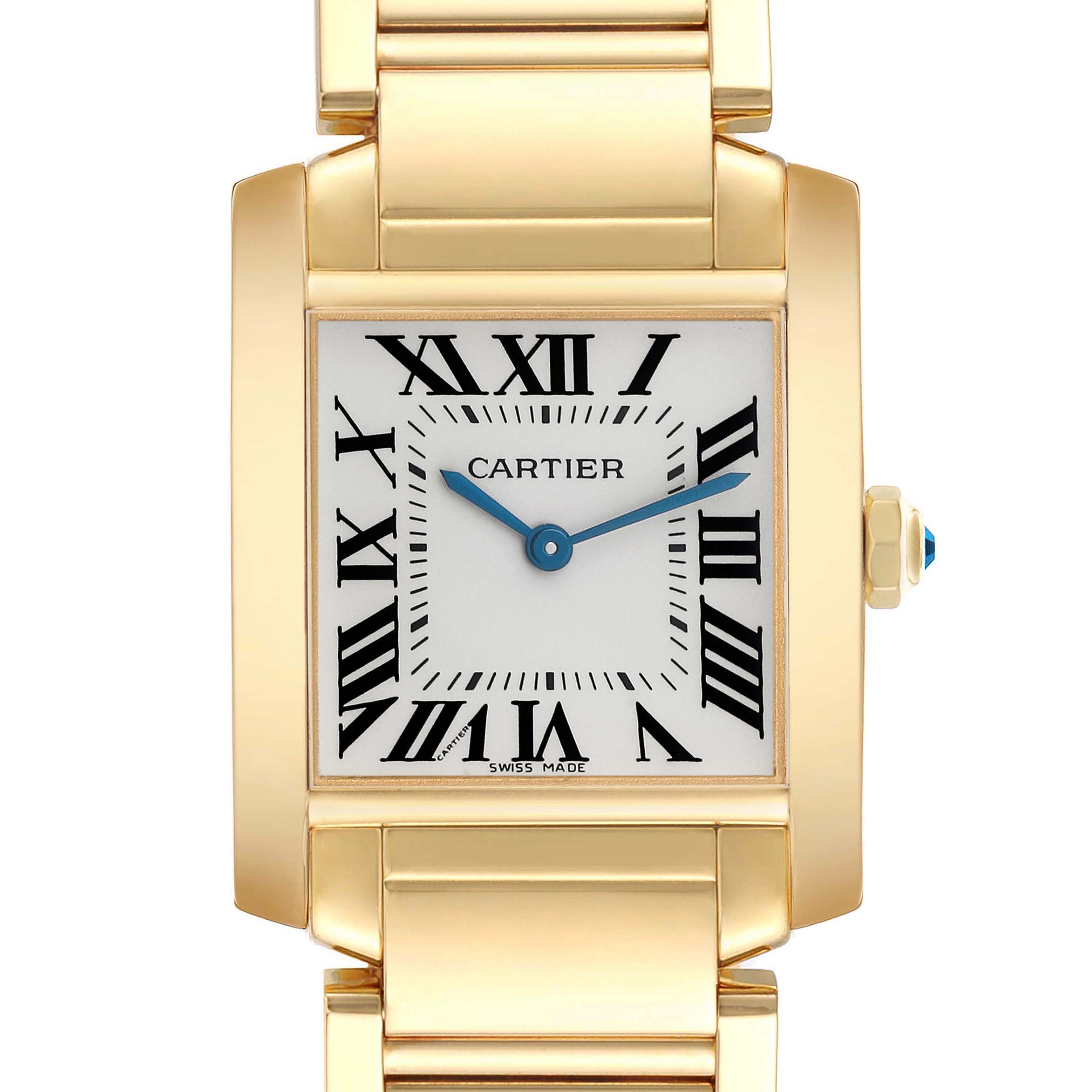 The image shows a frontal view of the Cartier Tank Française watch, highlighting the face, Roman numerals, and bracelet.