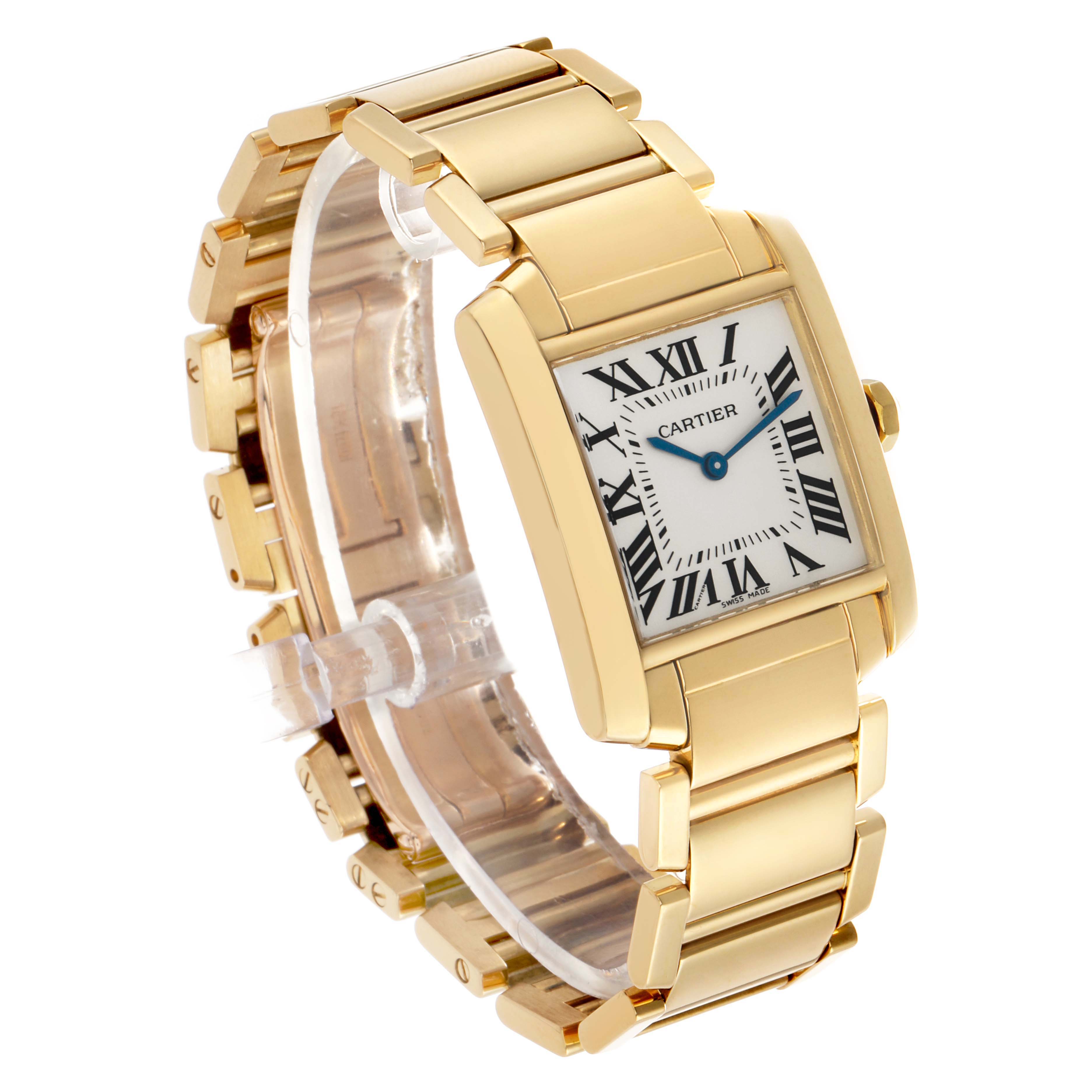 The Cartier Tank Francaise W50003N2 Women's Yellow Gold Silver Dial watch is shown at an angle, highlighting the gold case, bracelet, and Roman numeral dial.