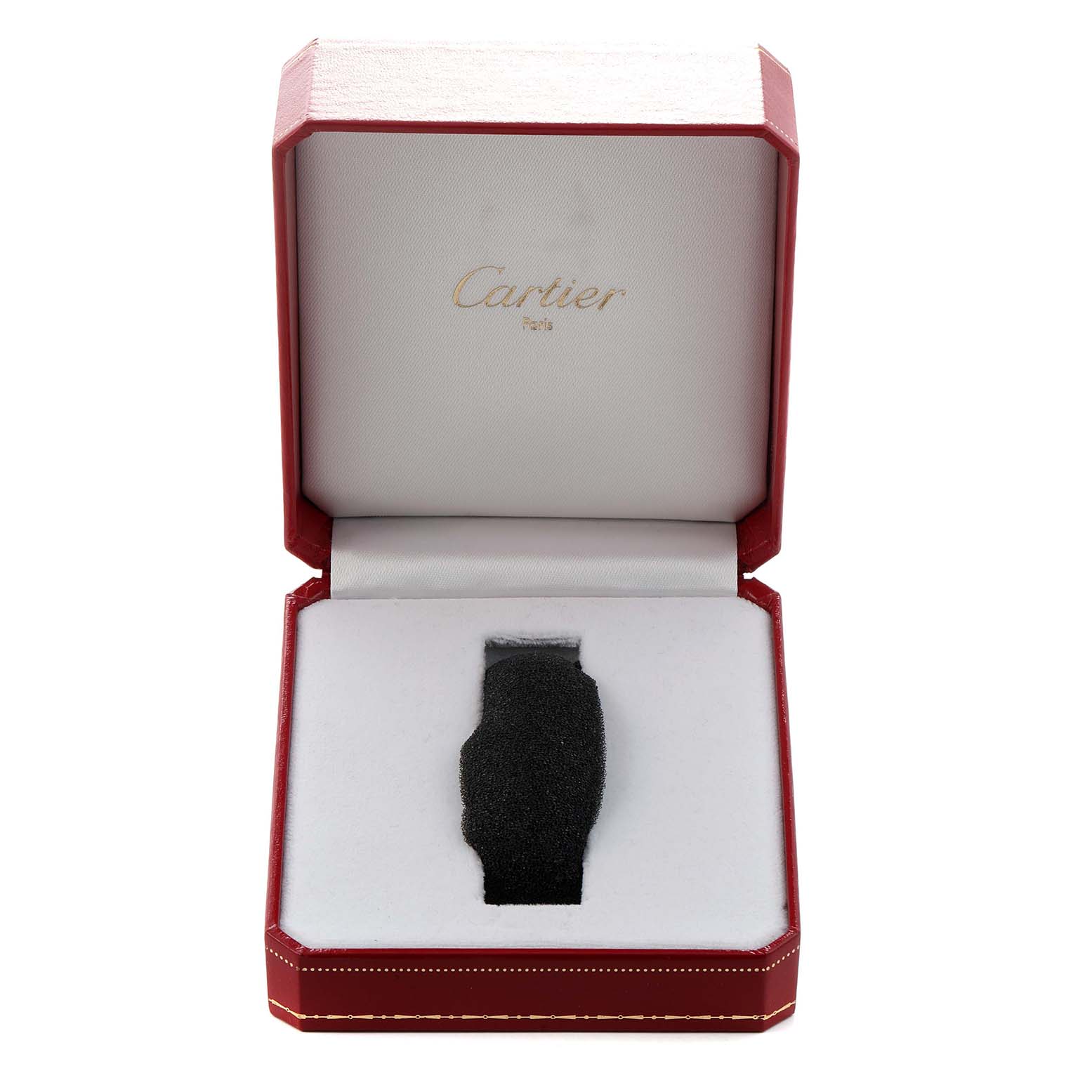 The Cartier Tank Française watch box is open, showing the inner cushion with an outline where the watch fits.
