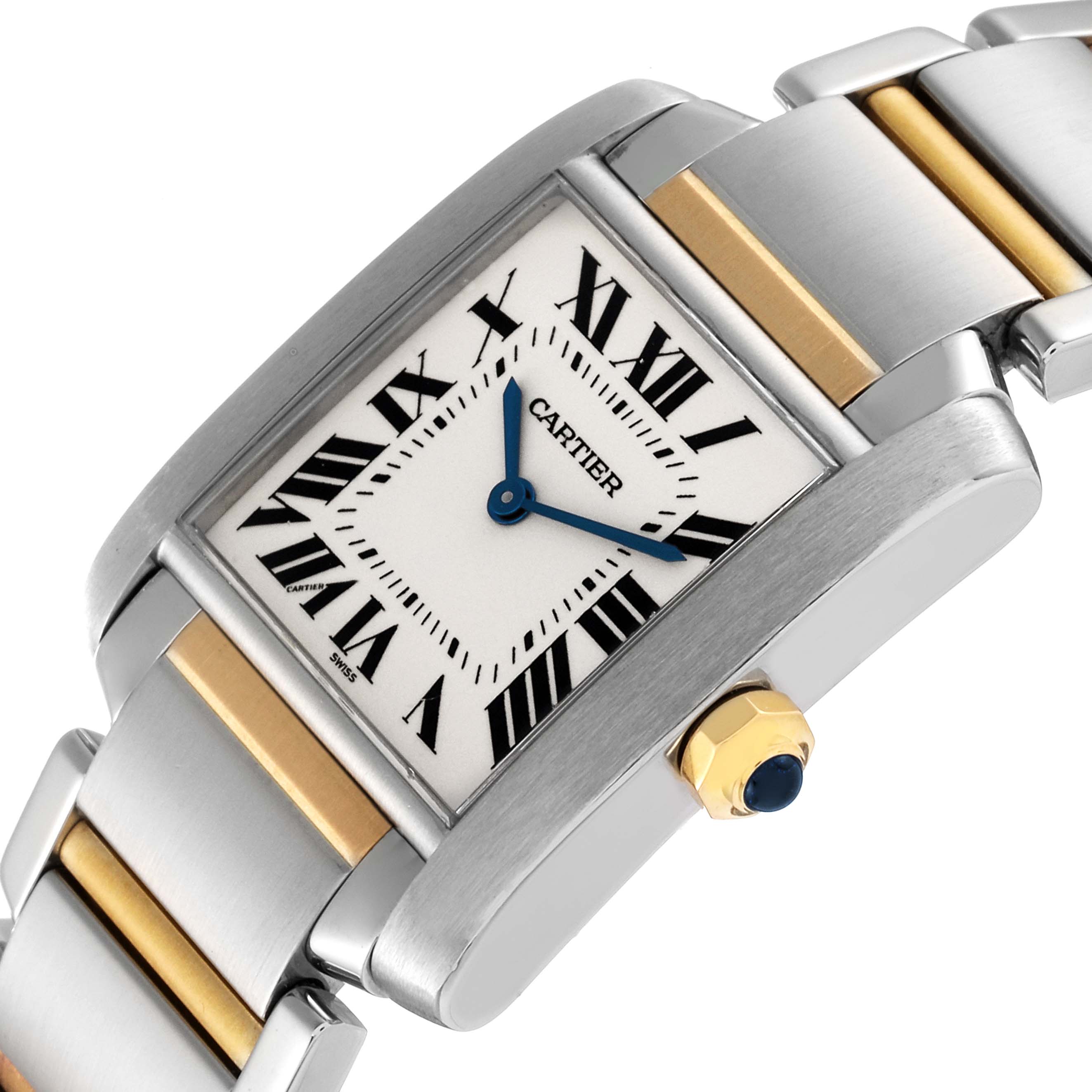 The Cartier Tank Francaise W2TA0003 Women's Steel and Gold (two tone) Silver Dial W2TA0003 Women's Steel and Gold (two tone) Silver Dial watch is shown at an angle, highlighting its rectangular face, Roman numerals, and bi-tone metal bracelet.