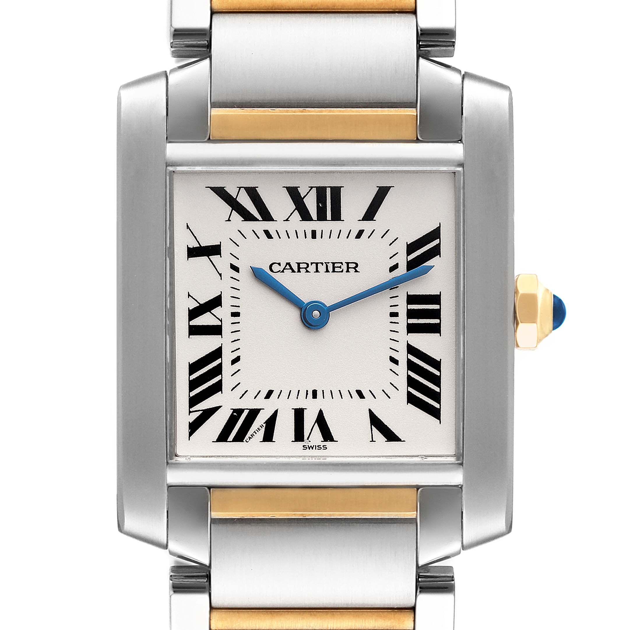 The image shows a straight-on view of a Cartier Tank Francaise W2TA0003 Women's Steel and Gold (two tone) Silver Dial W2TA0003 Women's Steel and Gold (two tone) Silver Dial watch featuring a silver and gold bracelet, silver face, and blue hands.