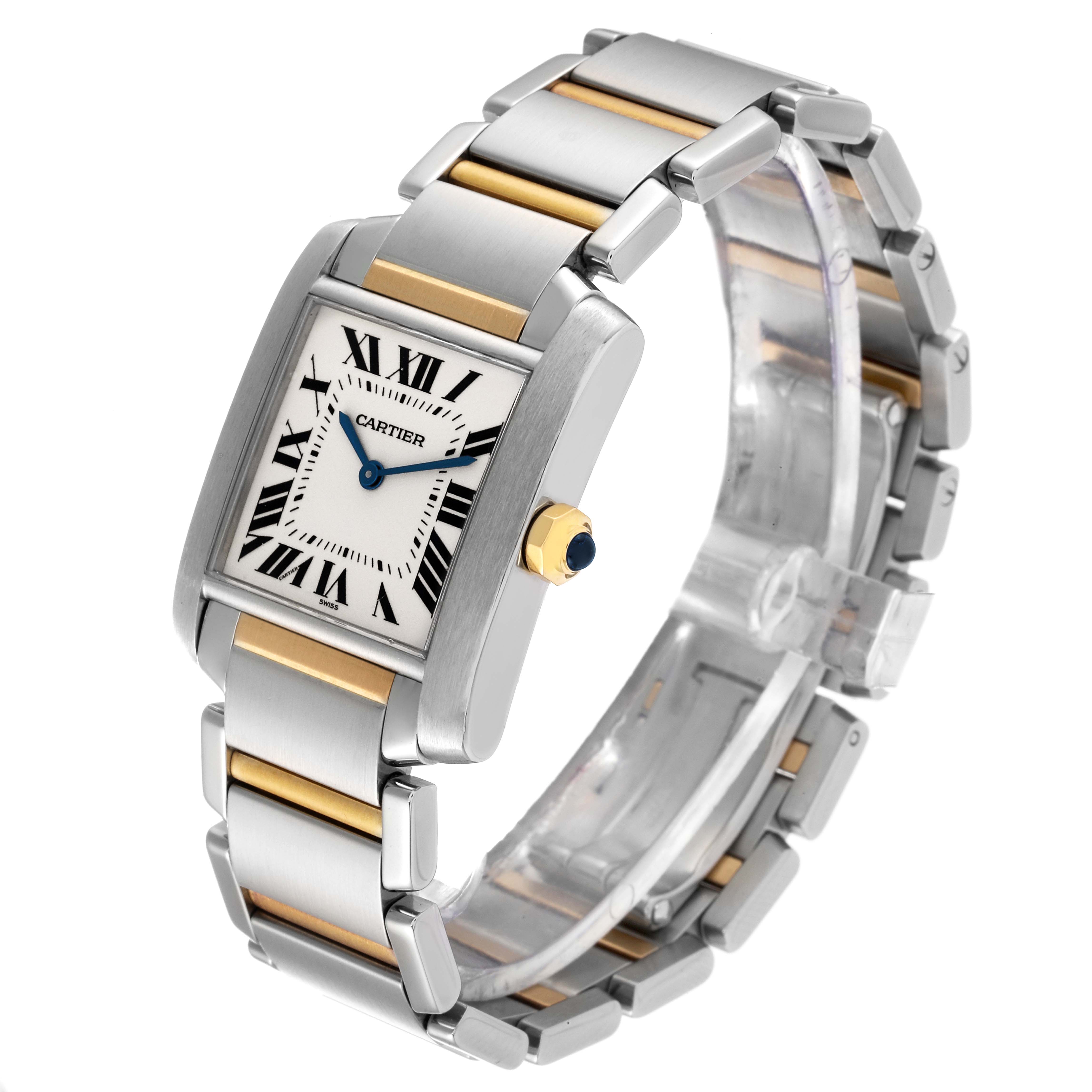 The Cartier Tank Francaise W2TA0003 Women's Steel and Gold (two tone) Silver Dial W2TA0003 Women's Steel and Gold (two tone) Silver Dial watch is shown at a three-quarter angle, featuring the face, crown, and two-tone bracelet.
