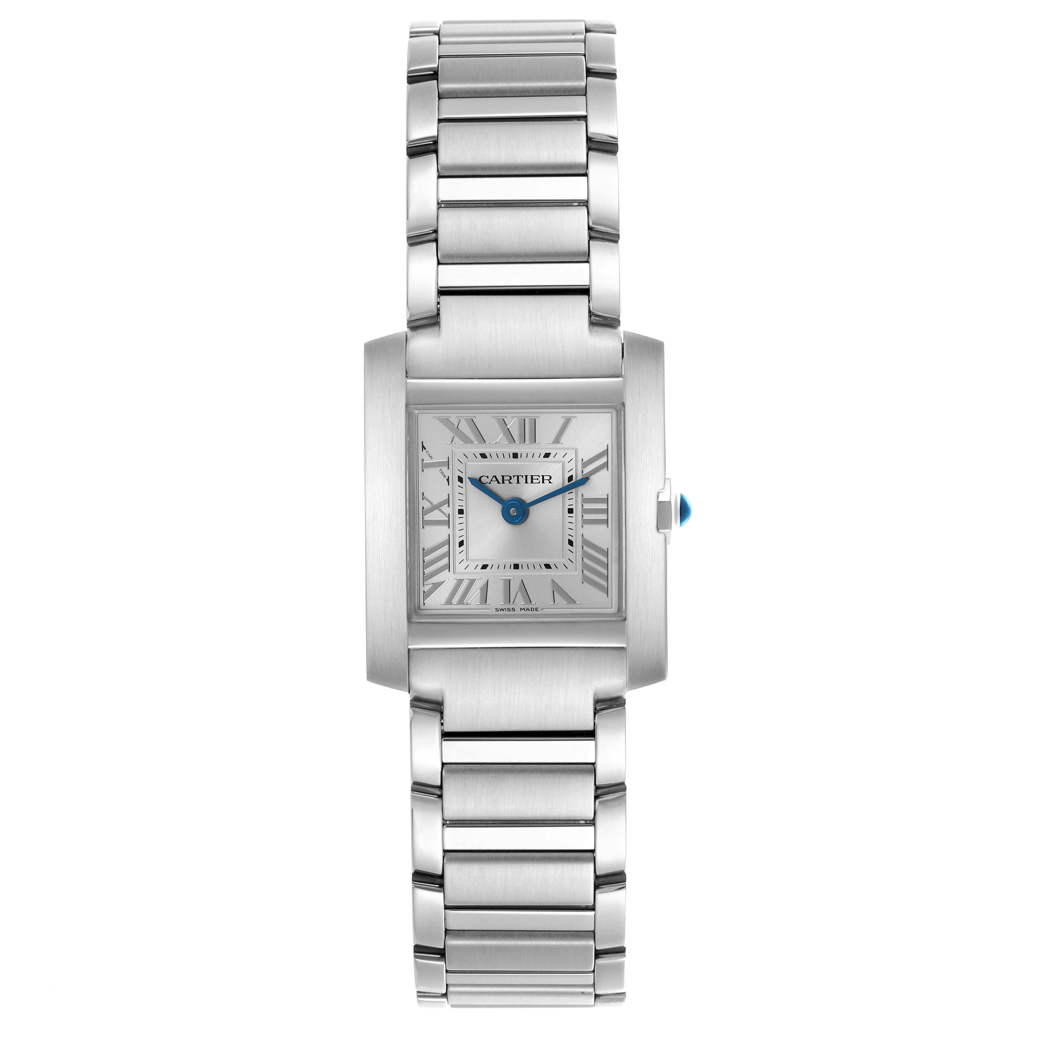 The Cartier Tank Francaise WSTA0065 Women's Stainless Steel Silver Dial WSTA0065 Women's Stainless Steel Silver Dial watch is shown from a top view, highlighting its square face, bracelet, and blue cabochon crown.