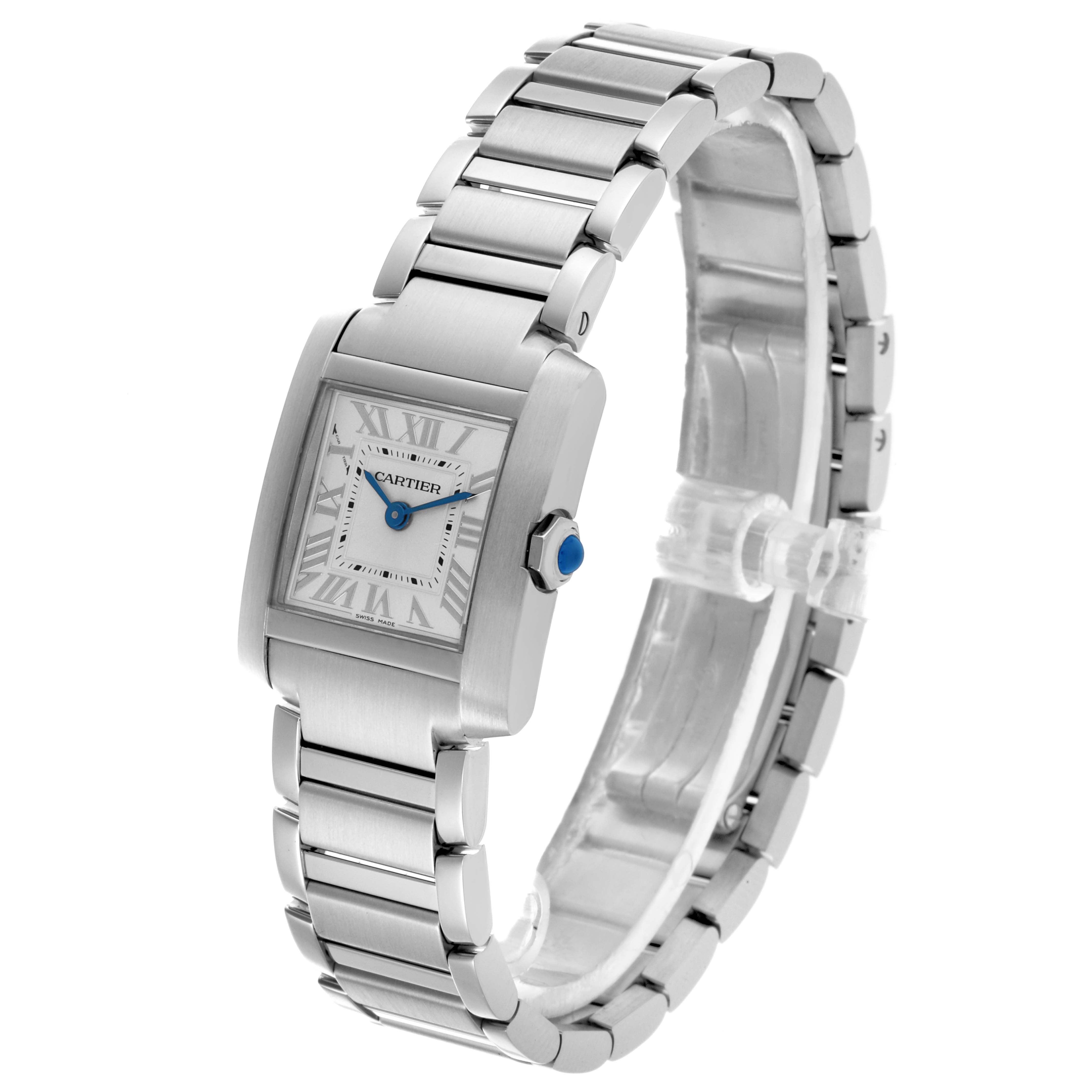 The Cartier Tank Française watch is shown at a three-quarter angle, featuring the face, bezel, crown with blue cabochon, and metal bracelet.