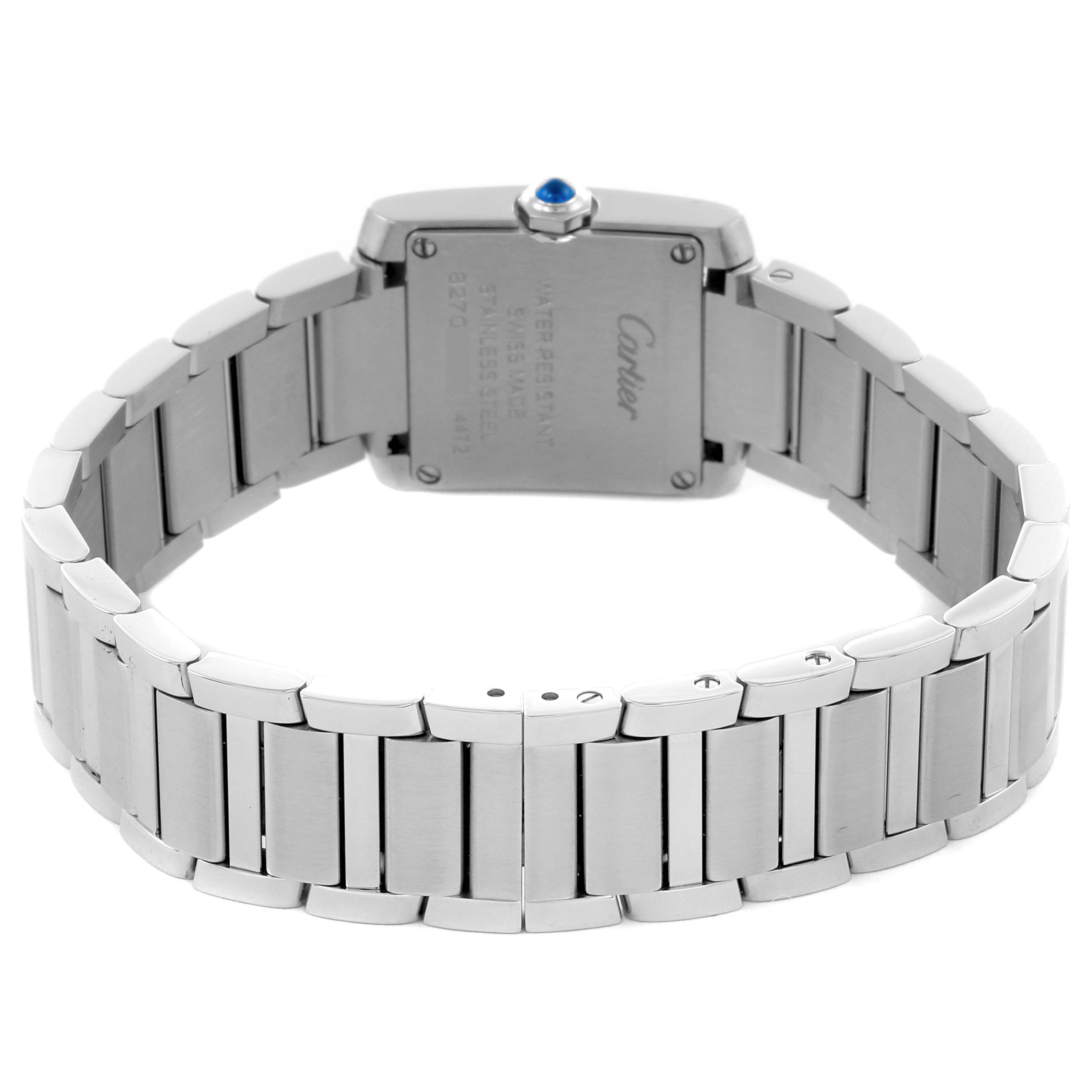 The image shows the back view of a Cartier Tank Française watch, highlighting the bracelet and case back.